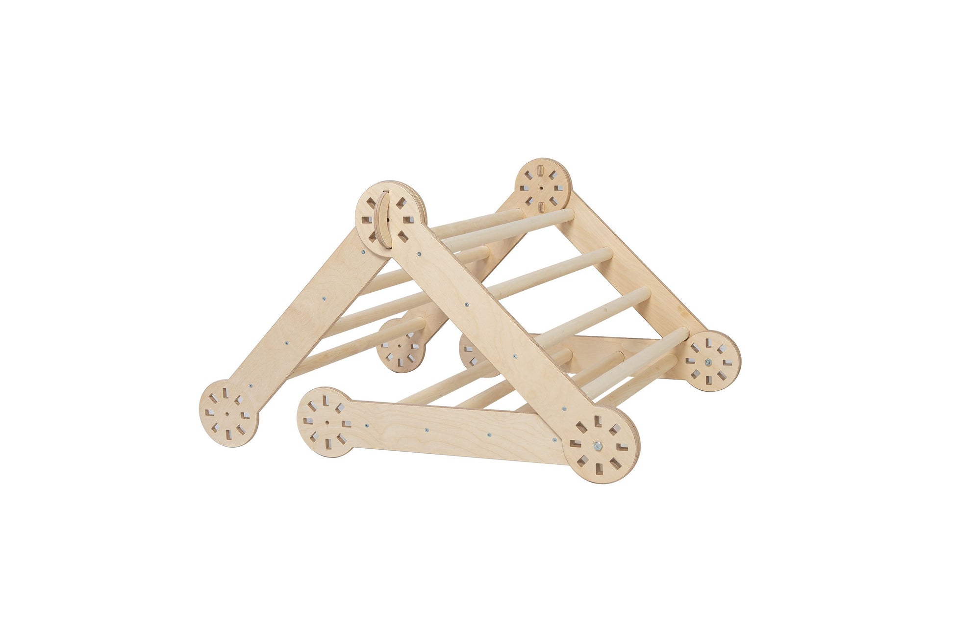 elegant foldable montessori climber in natural birch, showcasing sleek angles and minimalist design for refined play