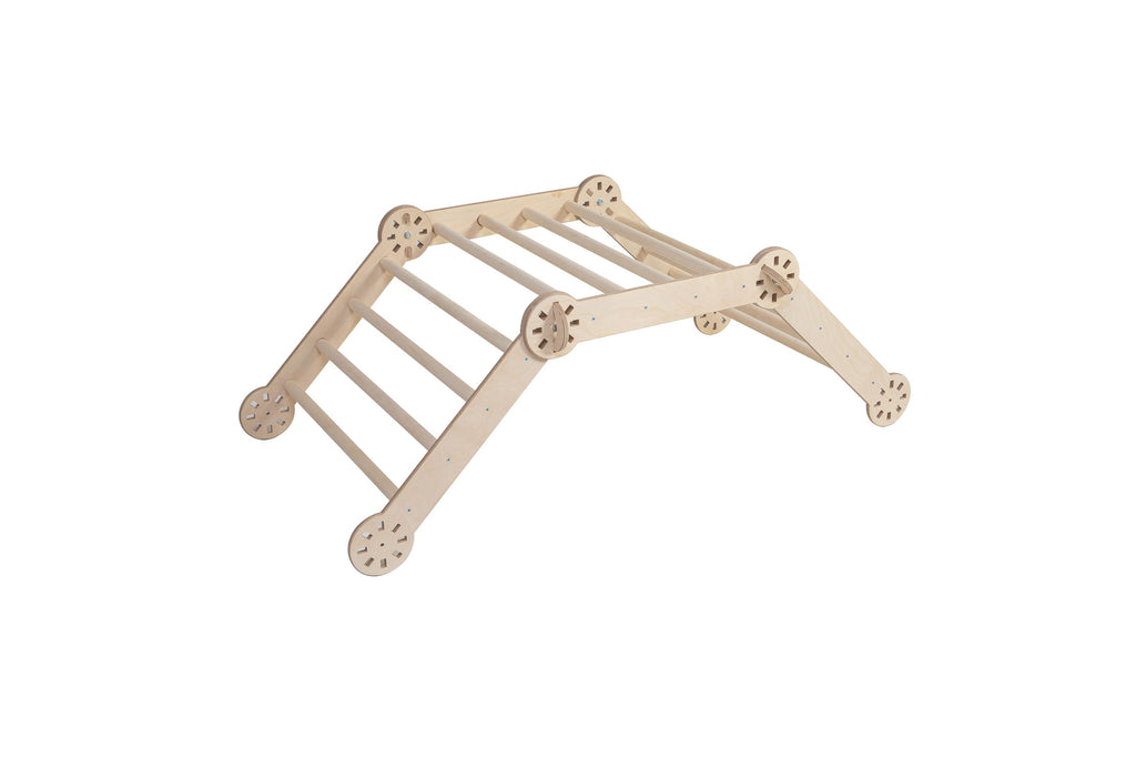 foldable montessori climber in natural birch plywood, showcasing sturdy rungs and compact storage-friendly design