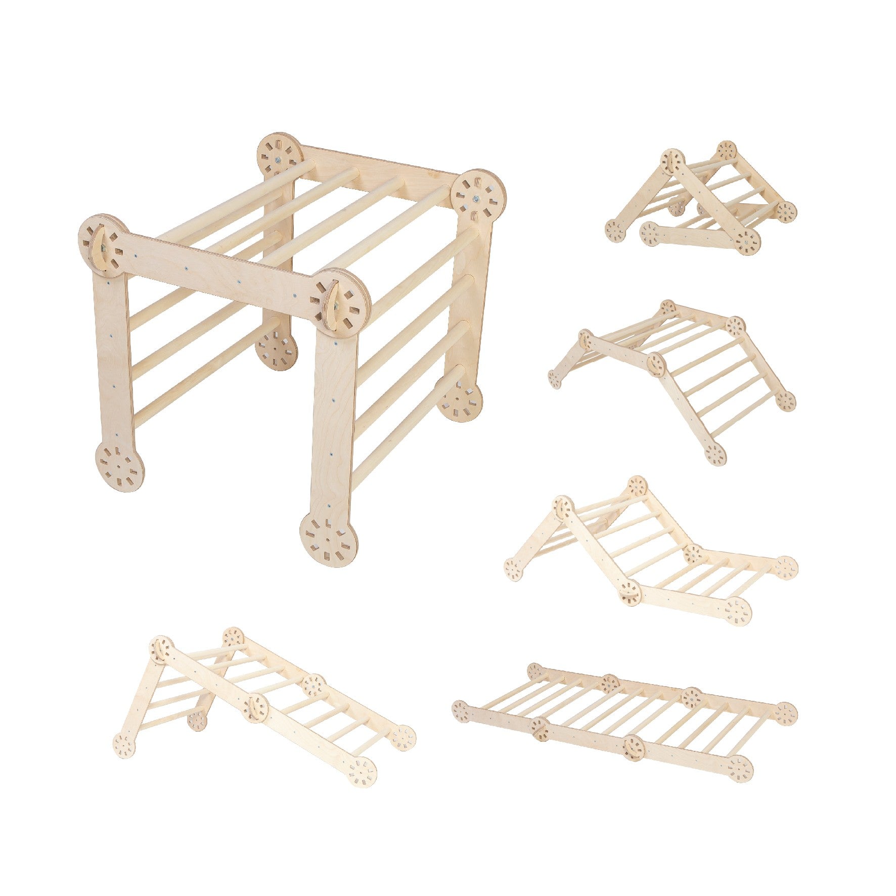 montessori foldable climbing triangle in warm natural light, showcasing sturdy baltic birch construction and compact design for indoor play