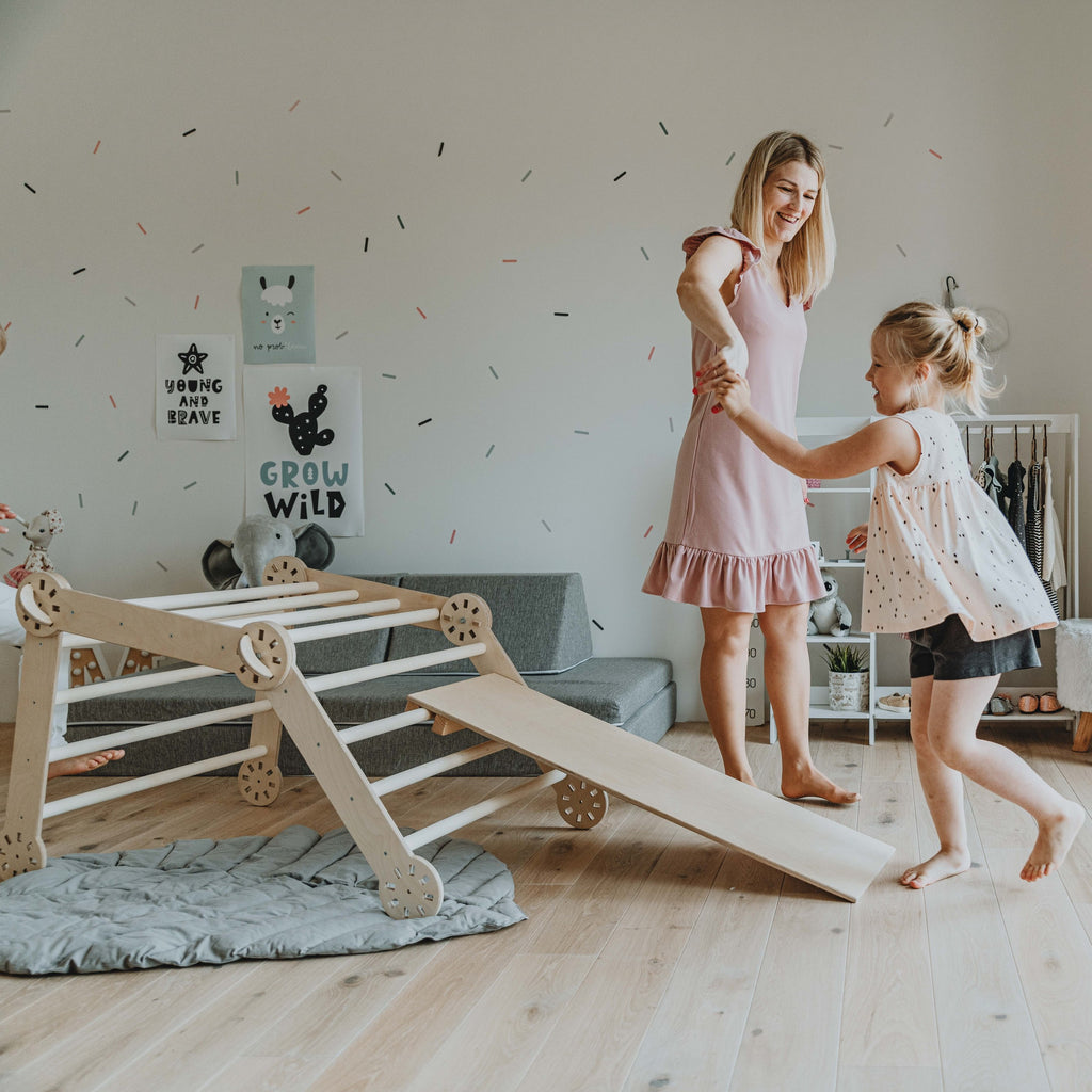 bold montessori climber with ramp in natural birch, sturdy and foldable for active indoor play