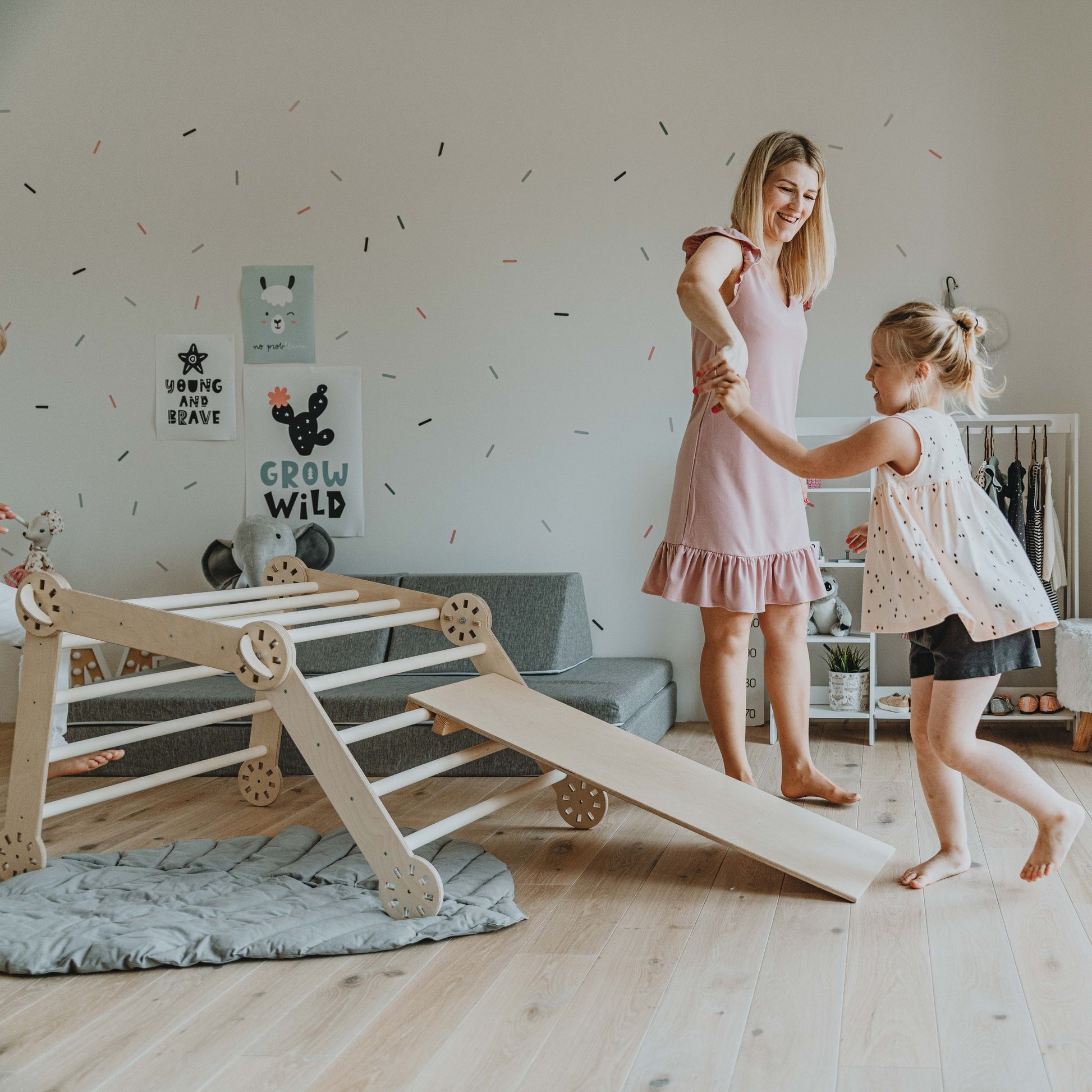 bold montessori climber with ramp in natural birch, sturdy and foldable for active indoor play