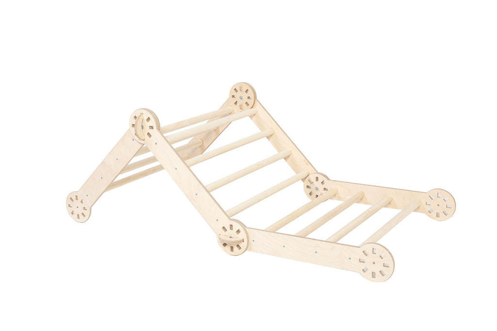 foldable montessori climbing triangle in warm natural light, showcasing sturdy baltic birch construction and compact design