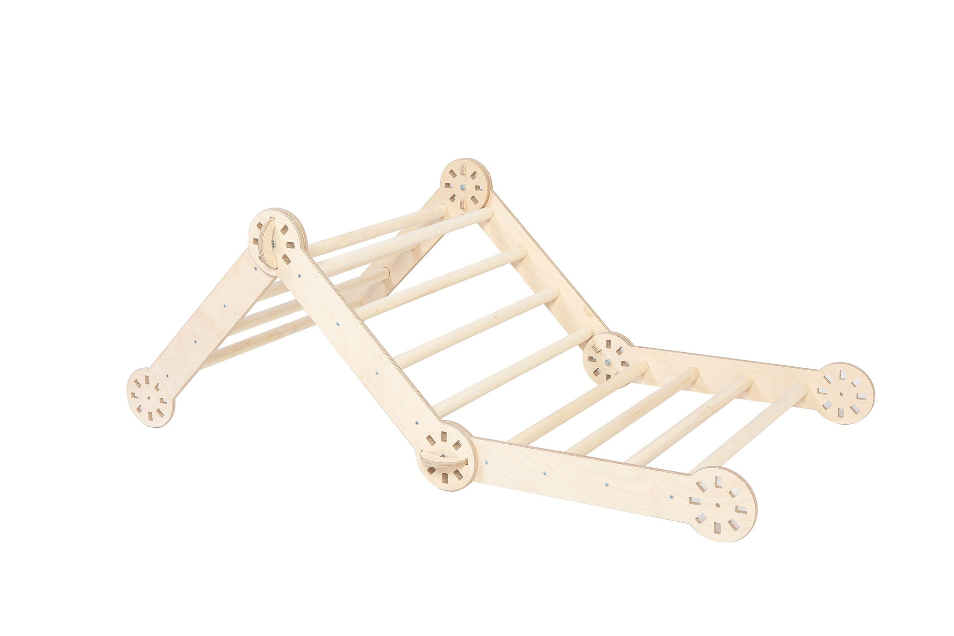 foldable montessori climbing triangle in warm natural light, showcasing sturdy baltic birch construction and compact design