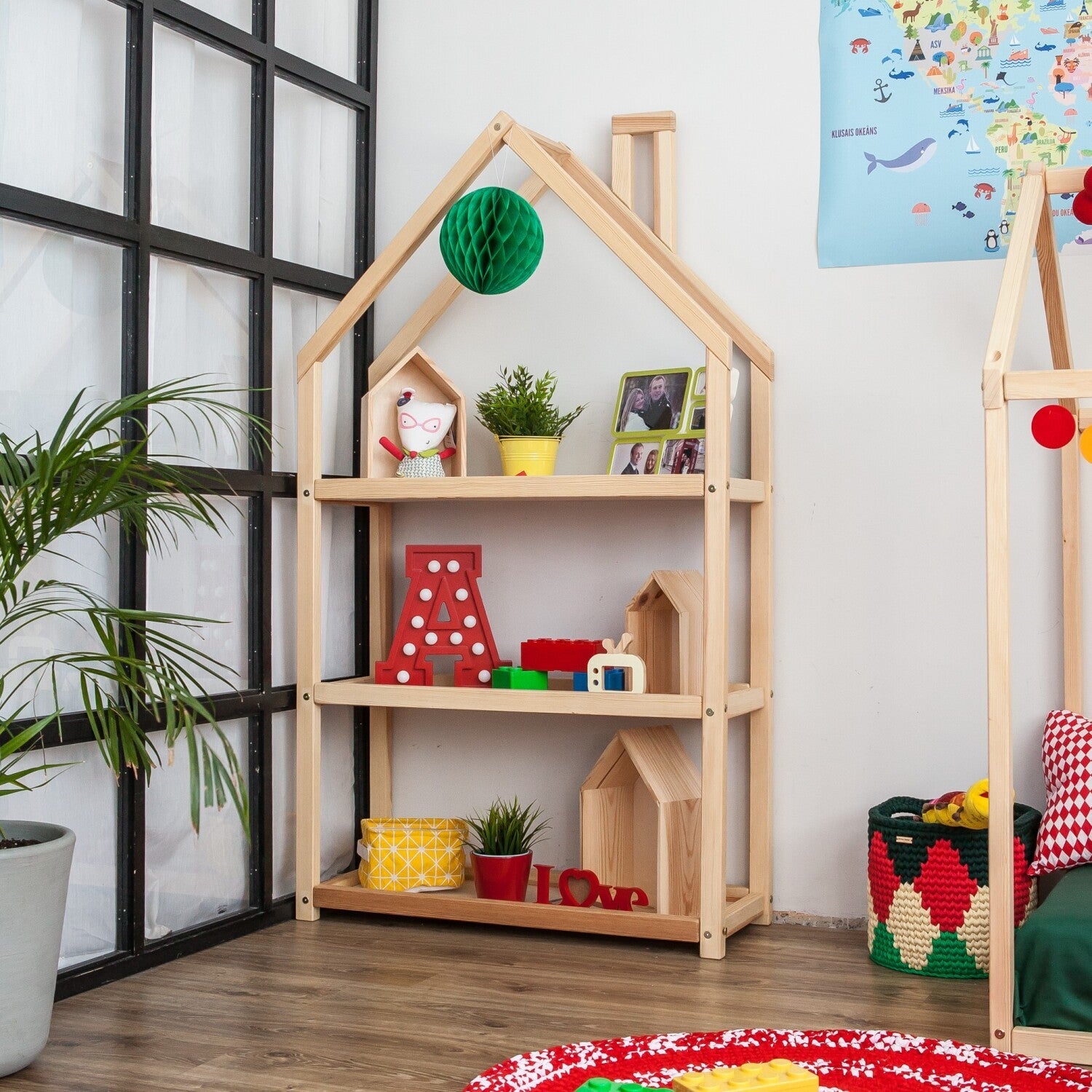 functional house-shaped kids shelf in natural birch wood, showcasing sturdy storage for books and toys