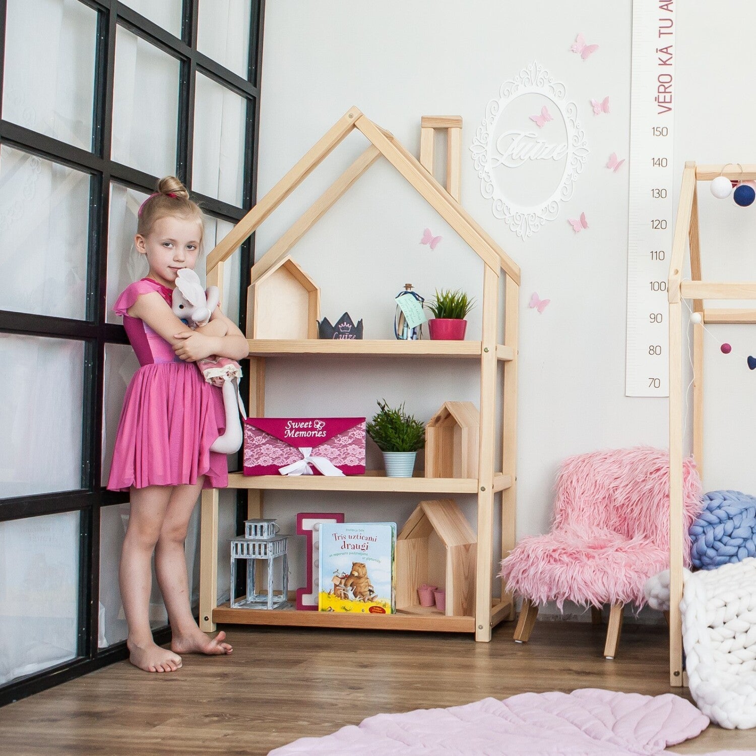 soft-lit birchwood house shelf for kids with cozy toy storage and gentle natural grain