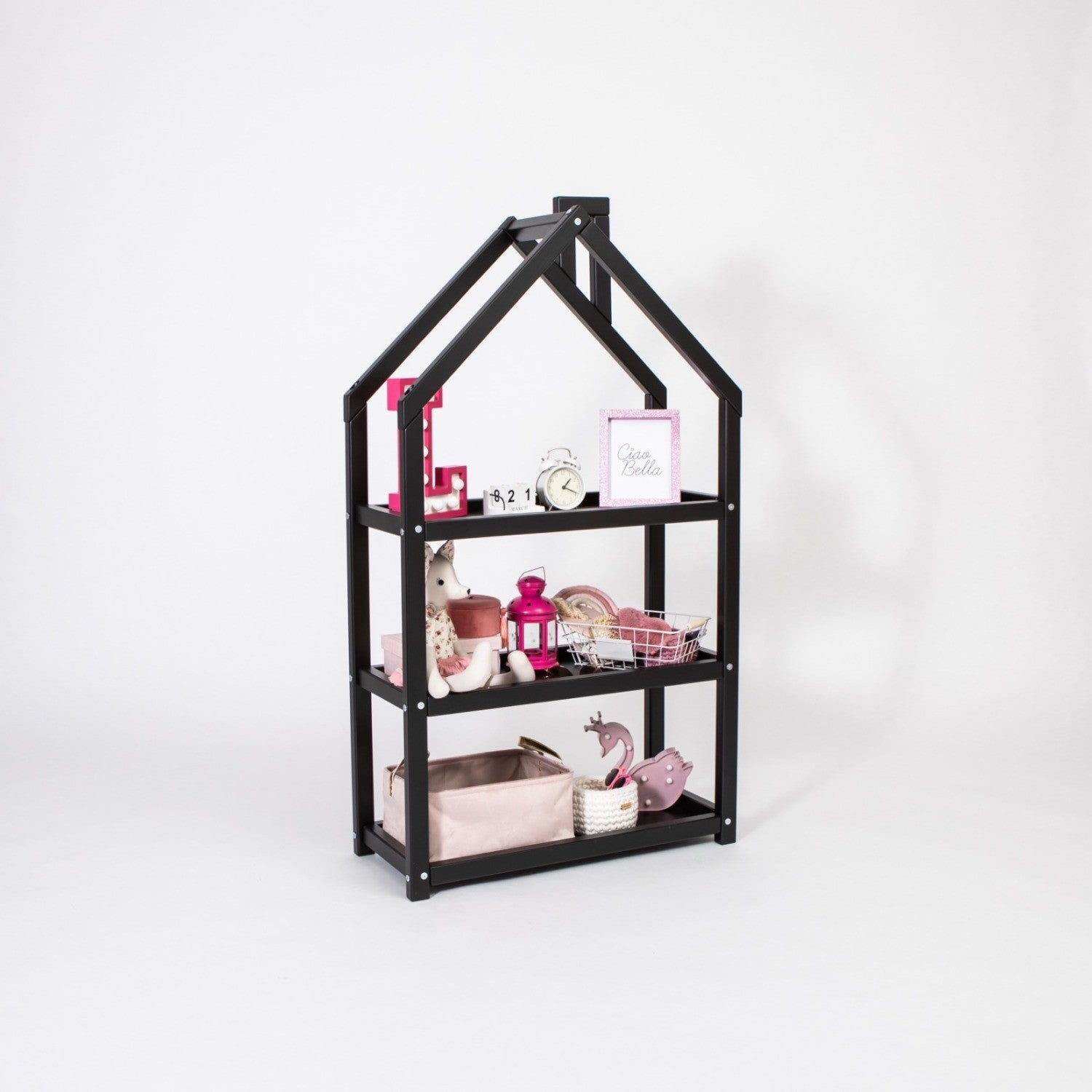 adorable house-shaped kids shelf in soft grey, filled with colorful books and toys, perfect for montessori bedrooms