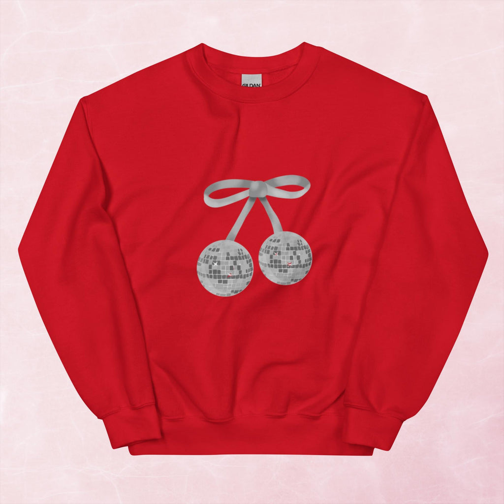 Cool hand illustrated silver cherry bow disco ball unisex graphic sweatshirt jumper