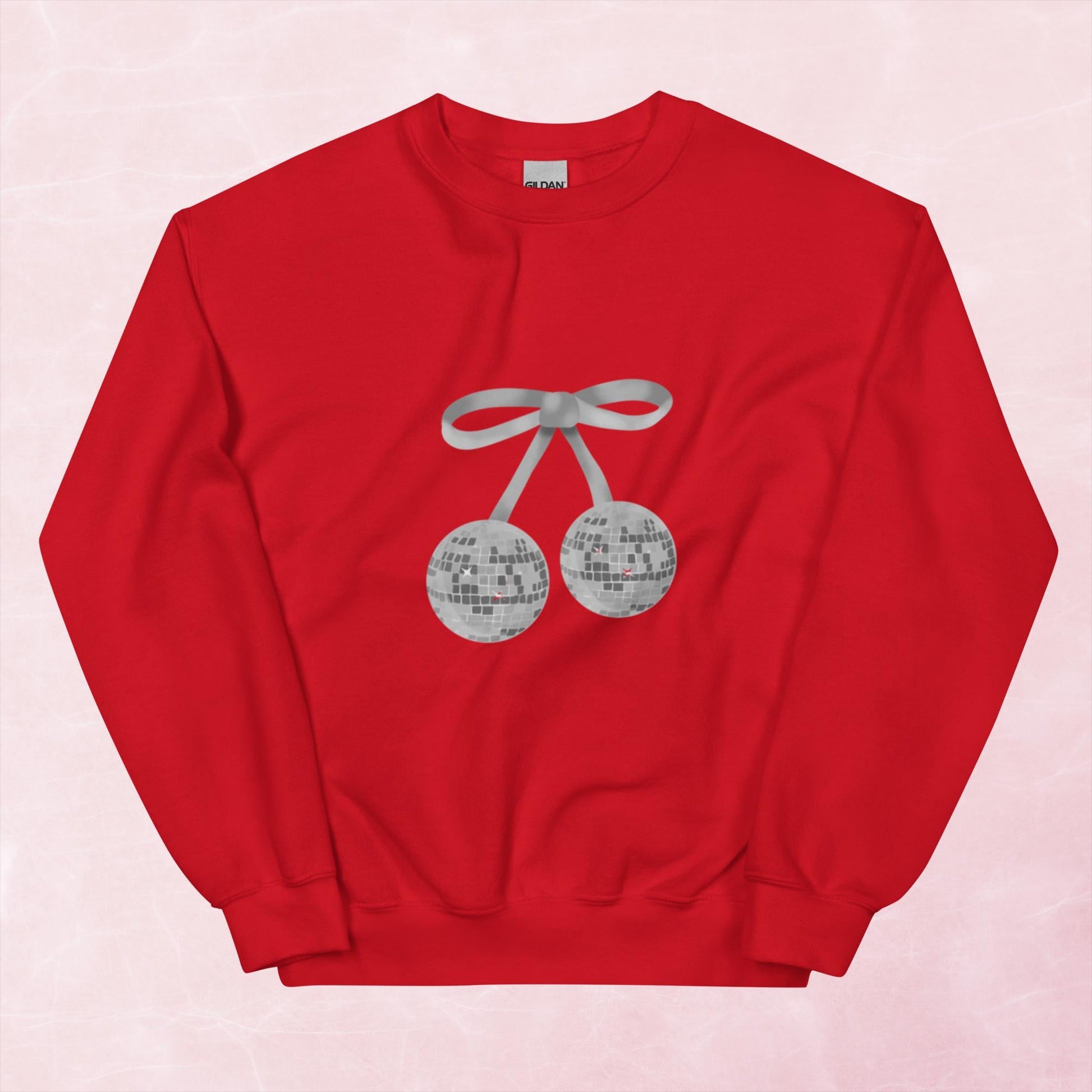 Cool hand illustrated silver cherry bow disco ball unisex graphic sweatshirt jumper