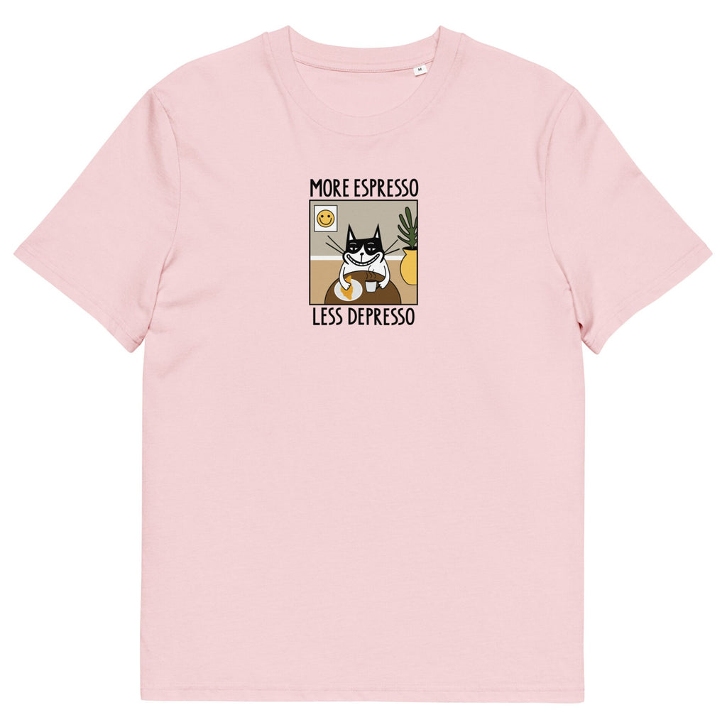 playful close-up of the more espresso less depresso tee on a sunlit cafe table