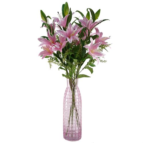 100cm Artificial Pink Lily Arrangement with Glass Vase