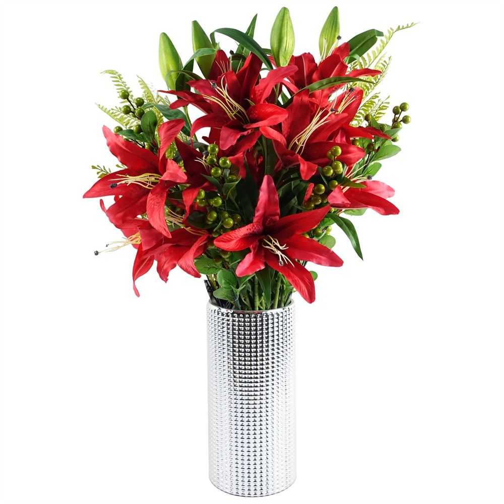 70cm Red Lily Display Silver Glass Vase with Fern and Berry Spray
