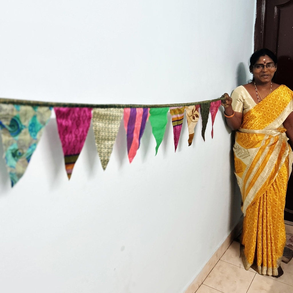 Upcycled sari flags, reusable sari bunting