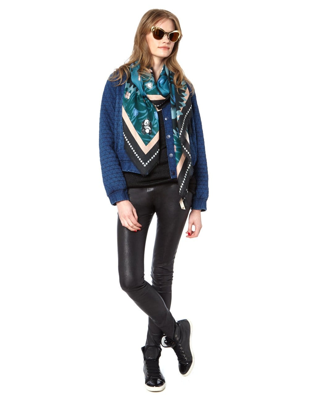 VASSILISA Scarf in Teal Colour: Panda and Emoji Print