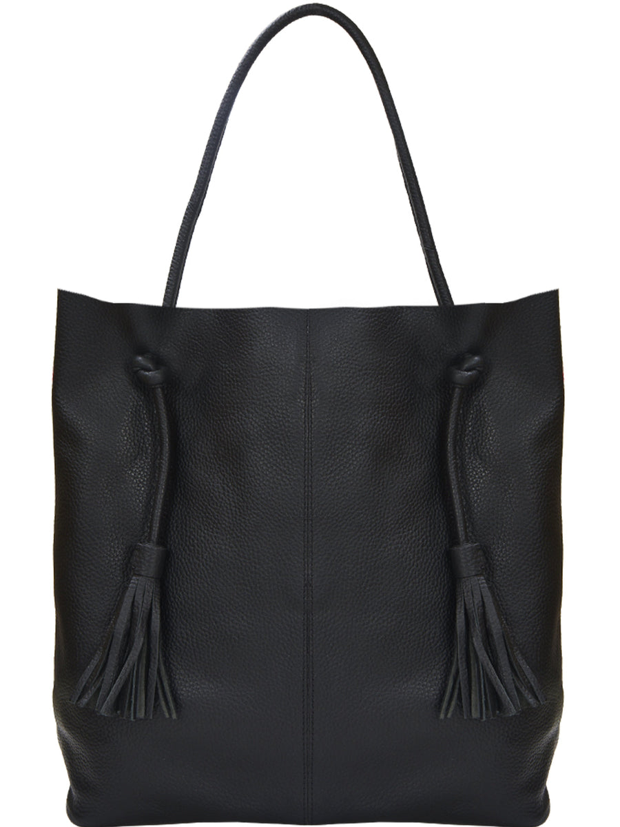 Black Drawcord Leather Hobo Shoulder Bag