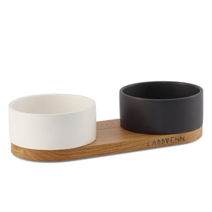 bold black and white vuku ceramic double buffet on a dark oak wood base