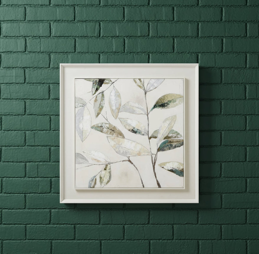 White-framed square botanical canvas painting with dappled leaves in earthy browns and neutrals, 100cm x 100cm by Sostter at brixbailey.com