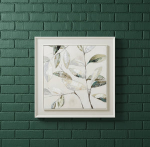 White-framed square botanical canvas painting with dappled leaves in earthy browns and neutrals, 100cm x 100cm by Sostter at brixbailey.com