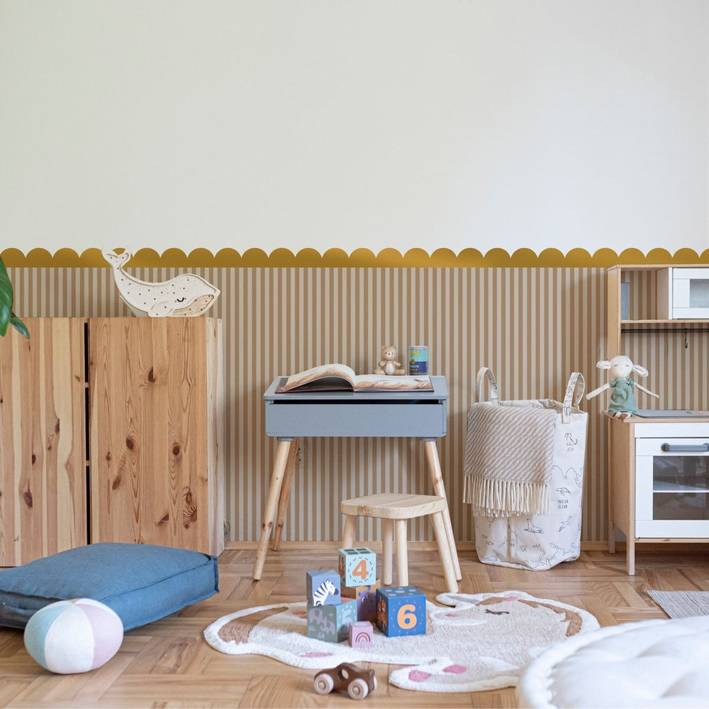 elegant golden circle wall stickers arranged in a chic pattern on a textured wall