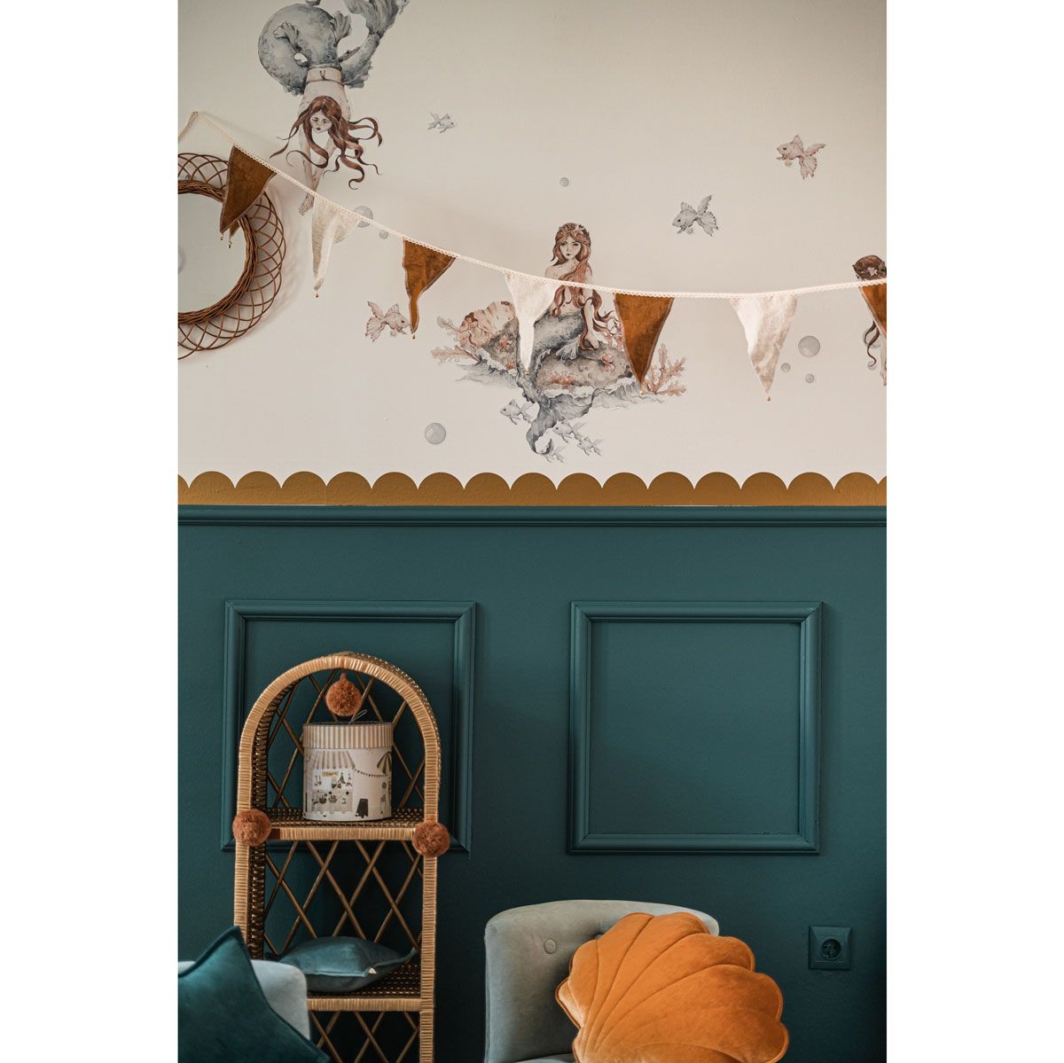 soft golden circle wall decals arranged in a gentle arc on a nursery wall, casting a warm glow