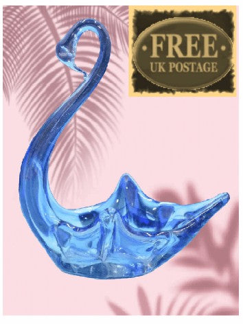 ART GLASS SWAN DISH BLUE & CLEAR GLASS