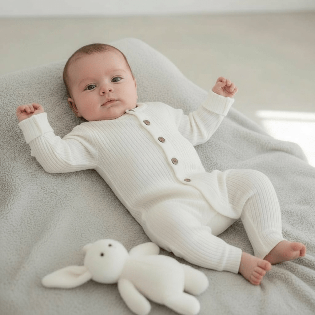 White Ribbed Cotton Baby Romper with Button Front