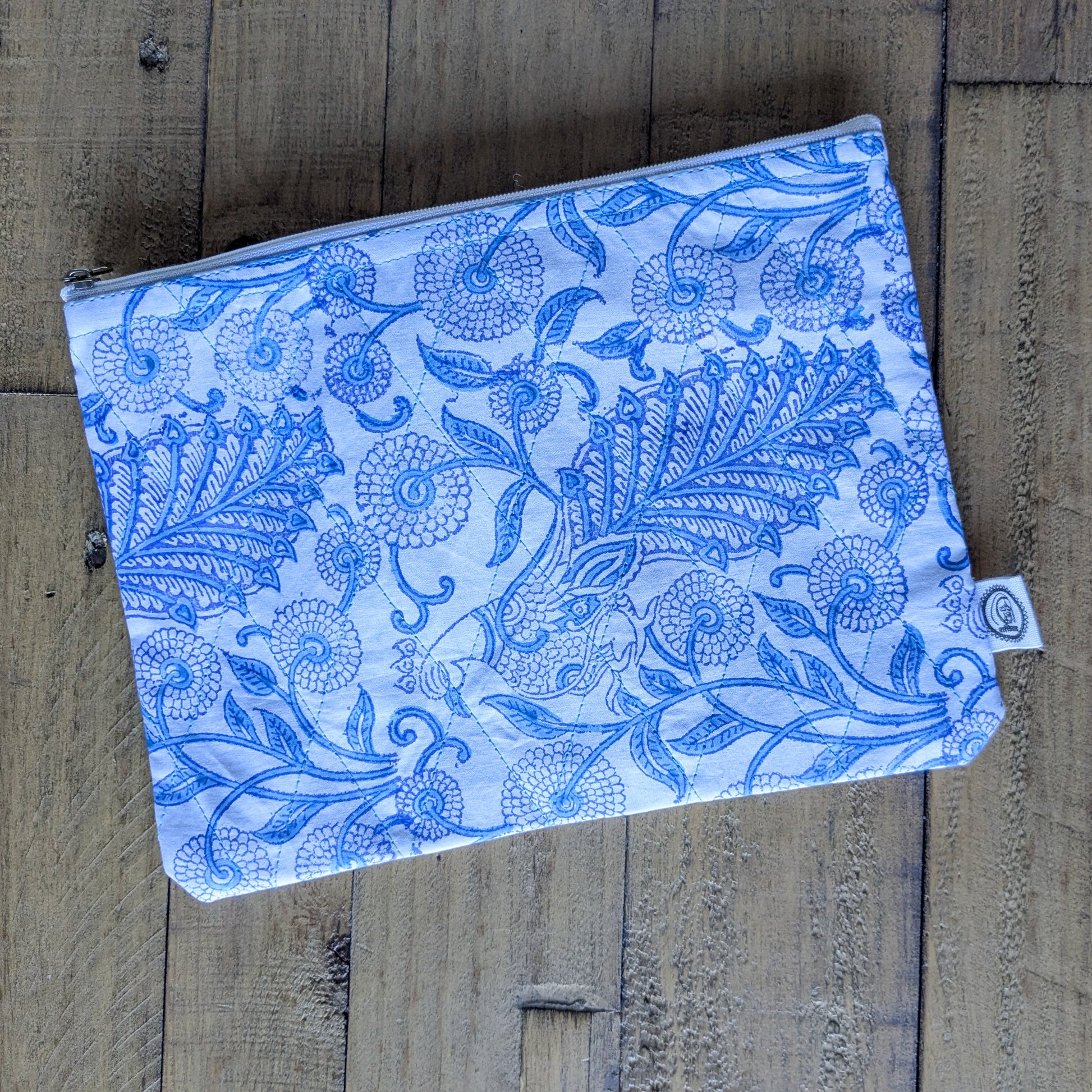 Quilted Block-Printed Zipper Pouch with Tassel
