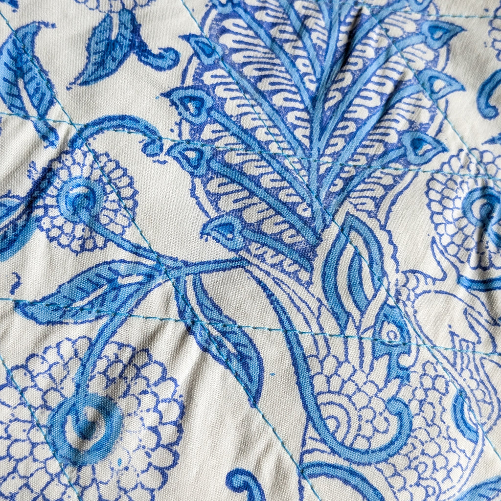 Quilted Block-Printed Zipper Pouch with Tassel