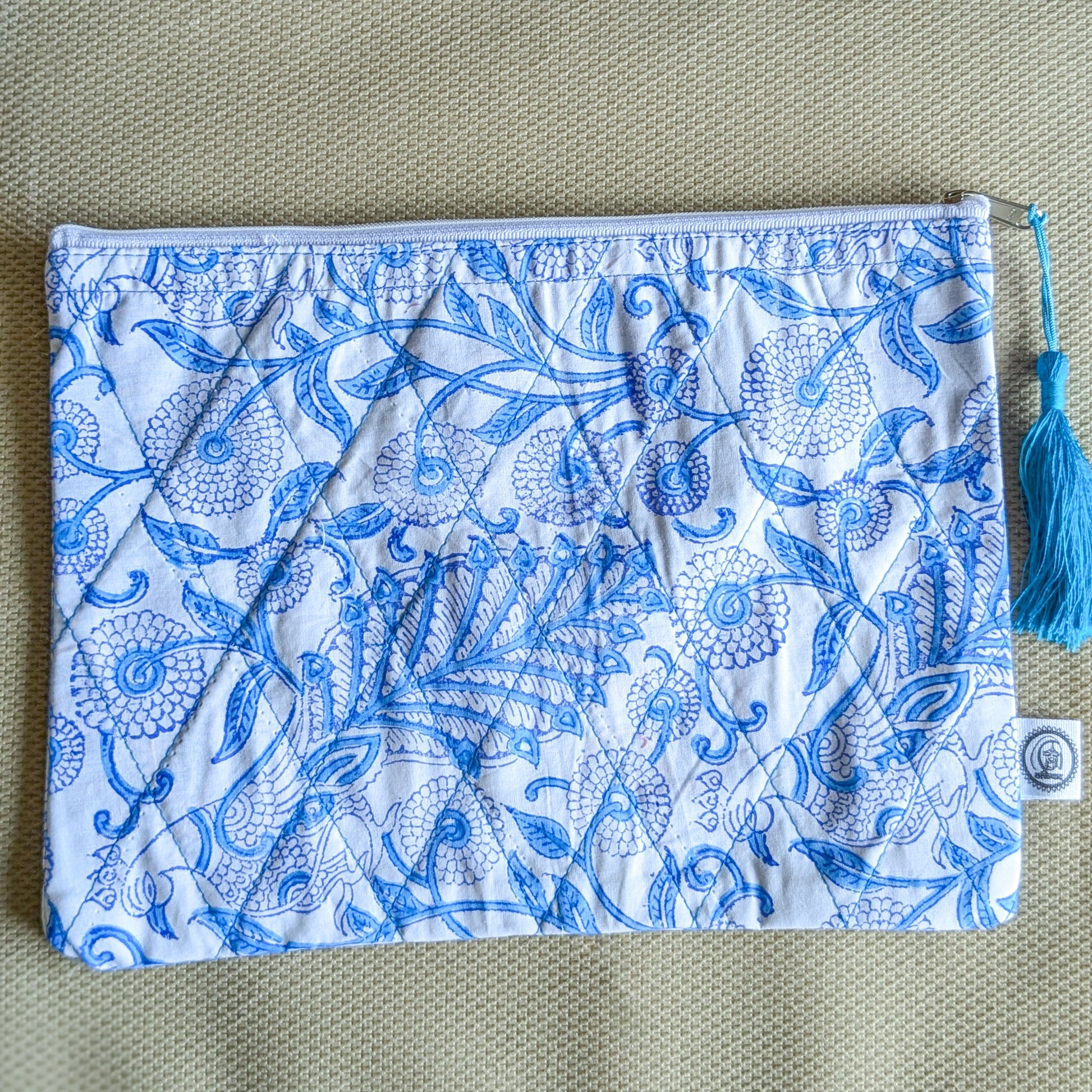 Quilted Block-Printed Zipper Pouch with Tassel