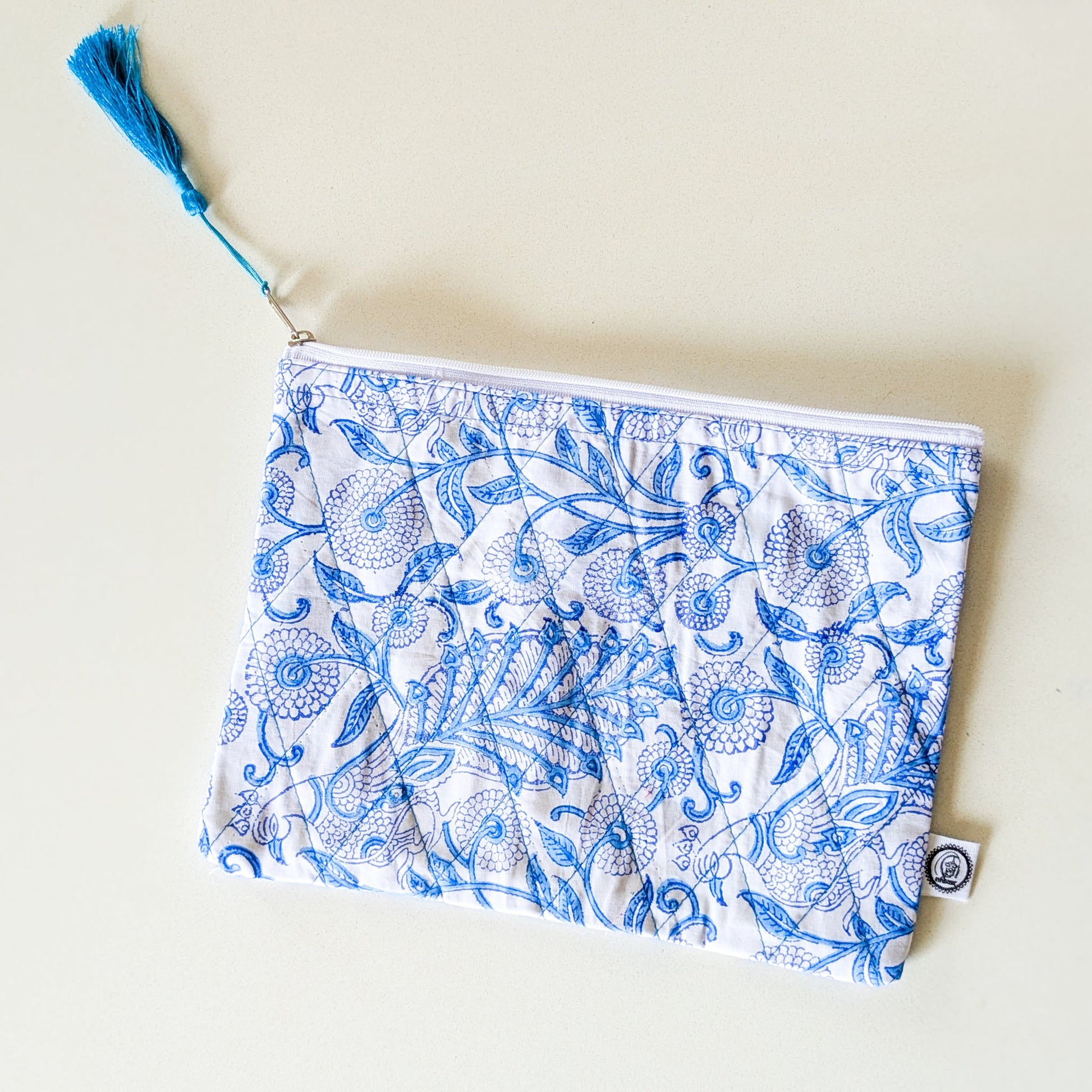 Quilted Block-Printed Zipper Pouch with Tassel