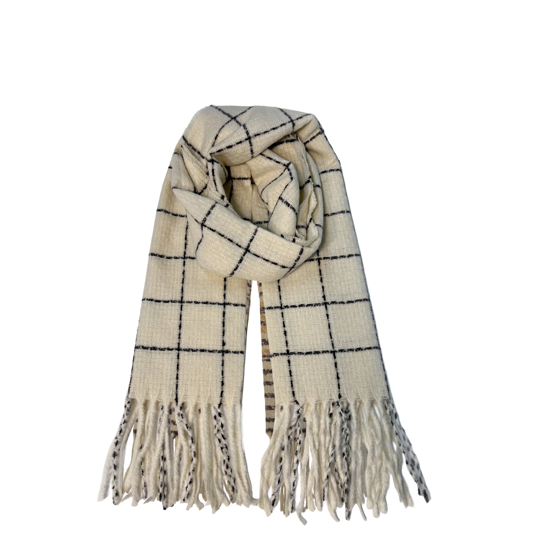 Cream White Plaid Scarf with Fringe
