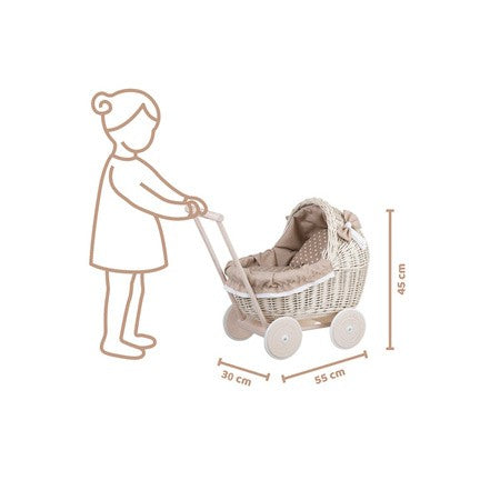 functional whitewashed wicker doll pram with beige bedding set for nurturing play