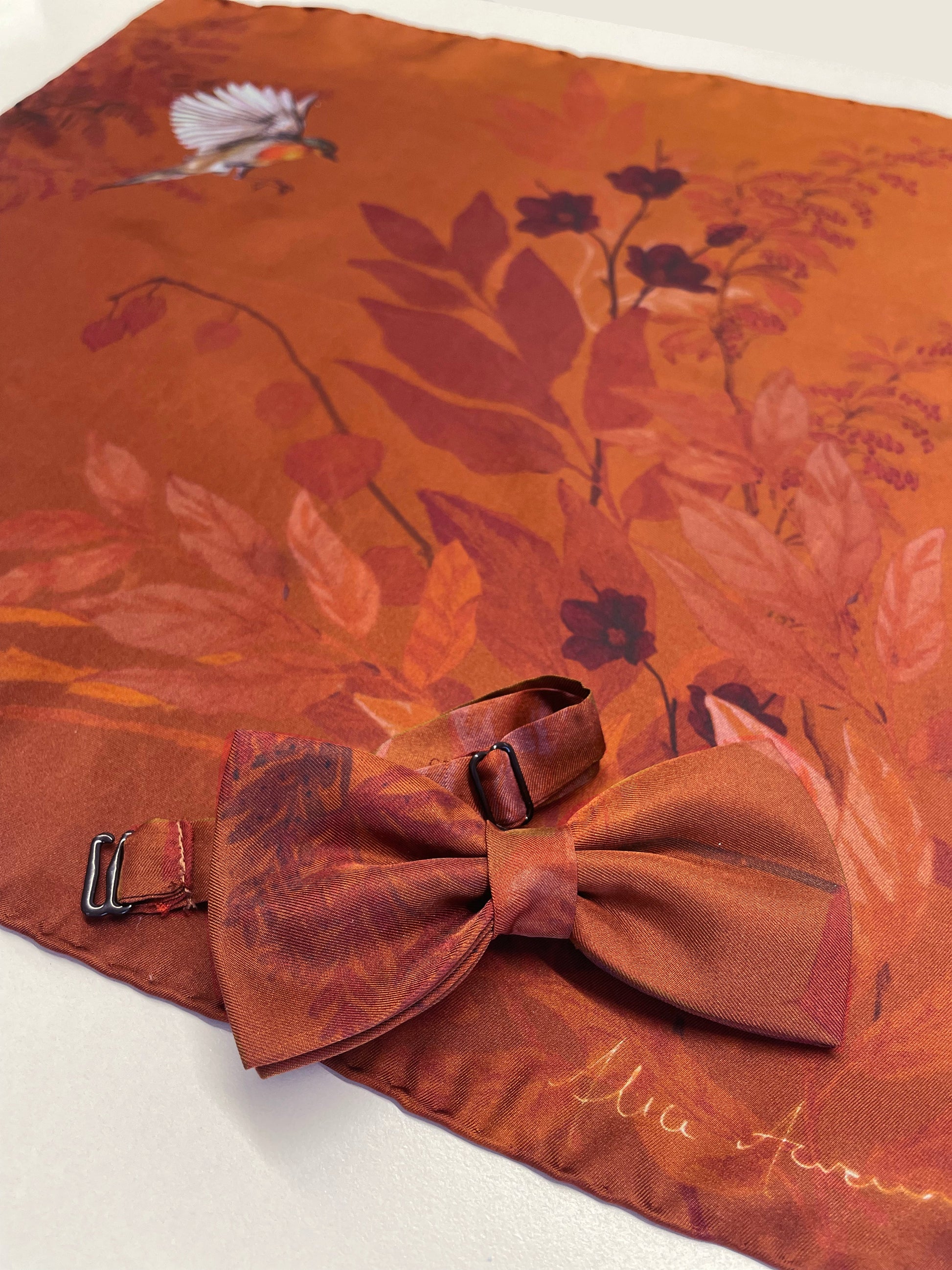 Rust Floral Silk Pocket Square and Bow Tie in Ember Robin Print