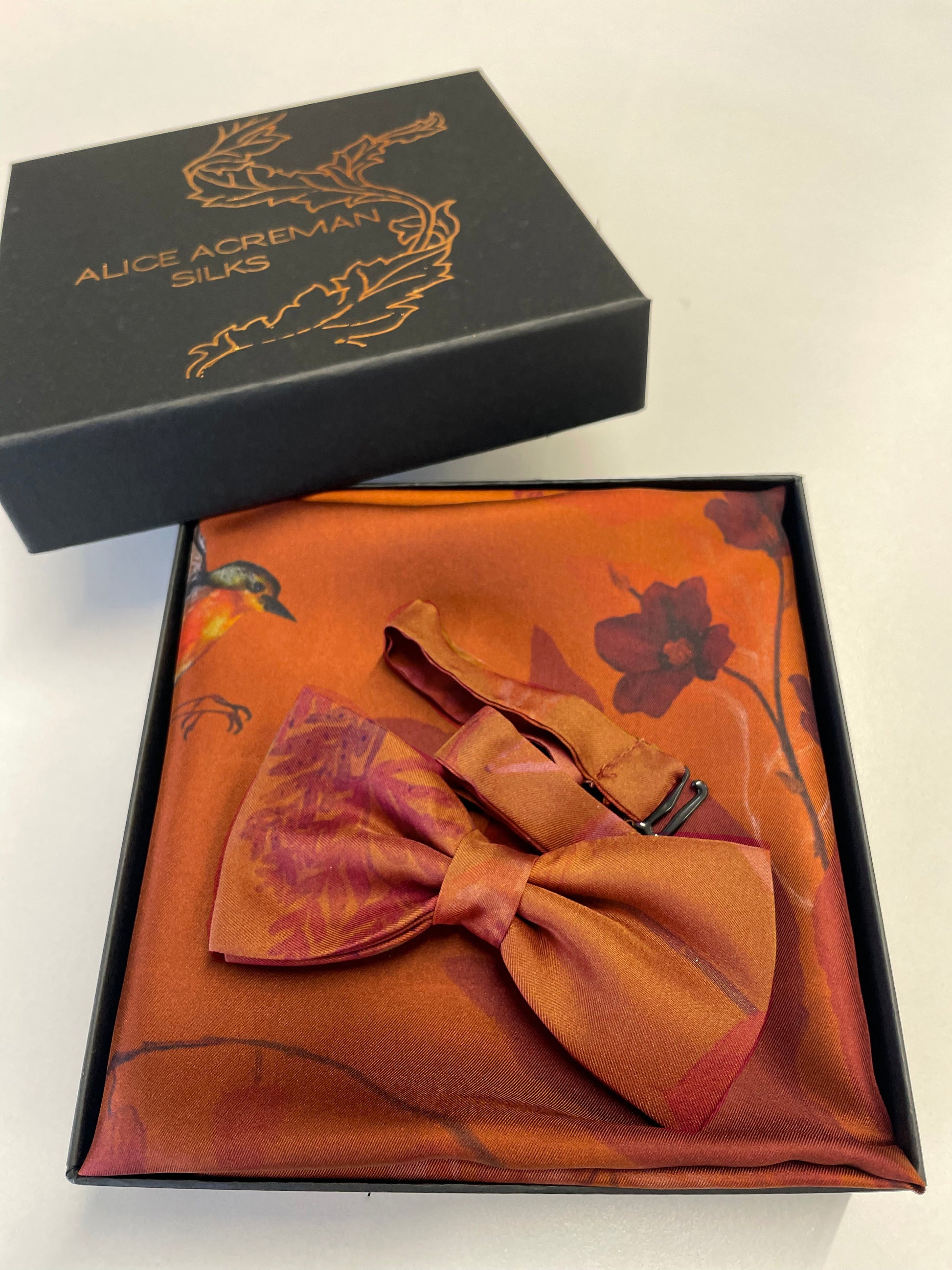Rust Floral Silk Pocket Square and Bow Tie in Ember Robin Print