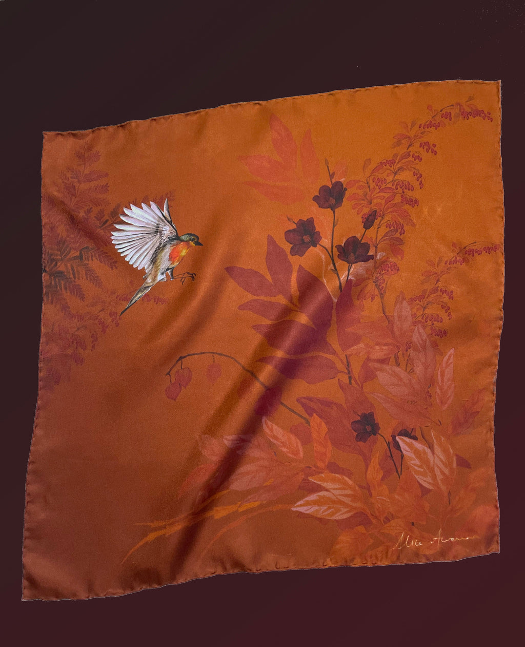 Rust Floral Silk Pocket Square and Bow Tie in Ember Robin Print