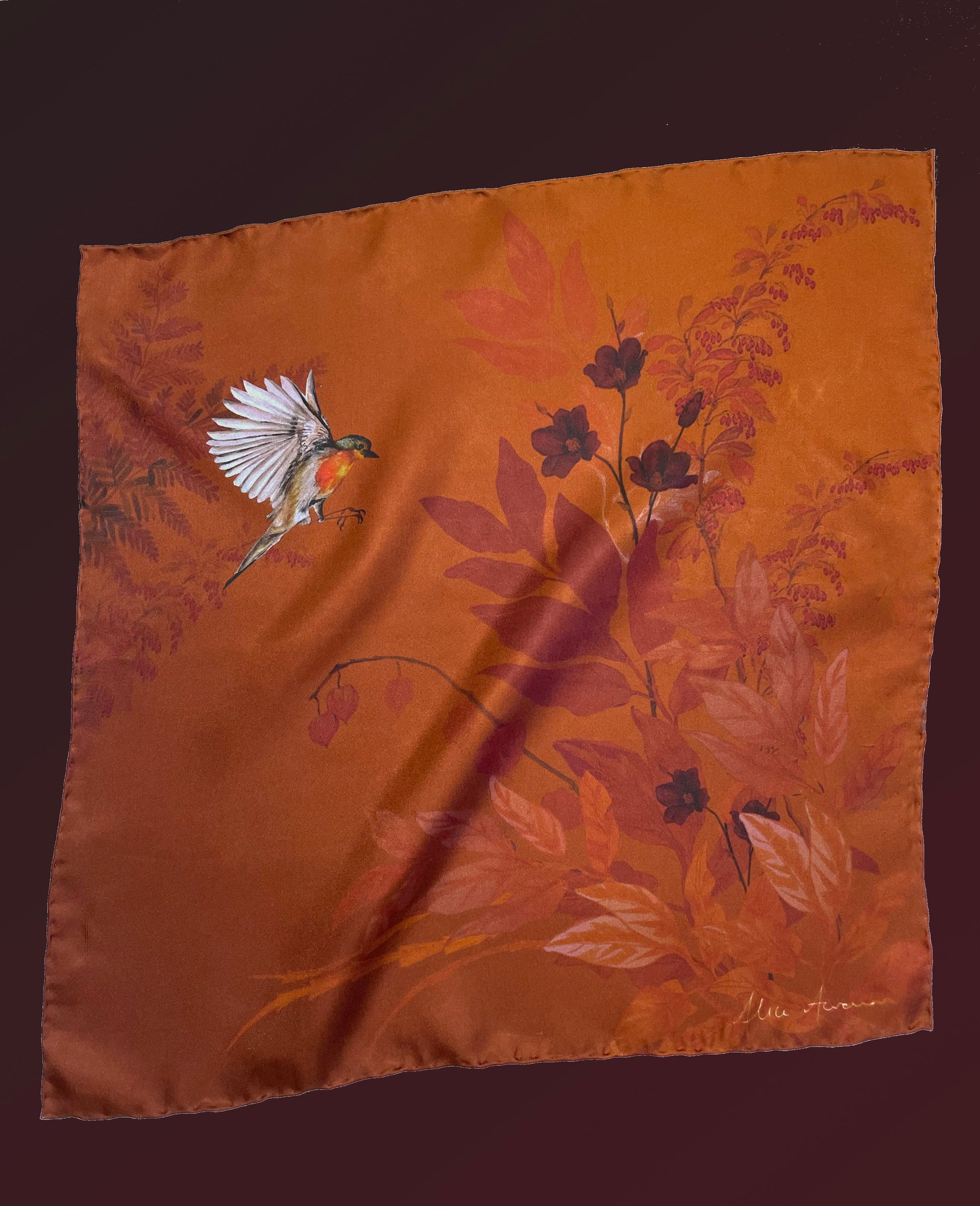 Rust Floral Silk Pocket Square and Bow Tie in Ember Robin Print