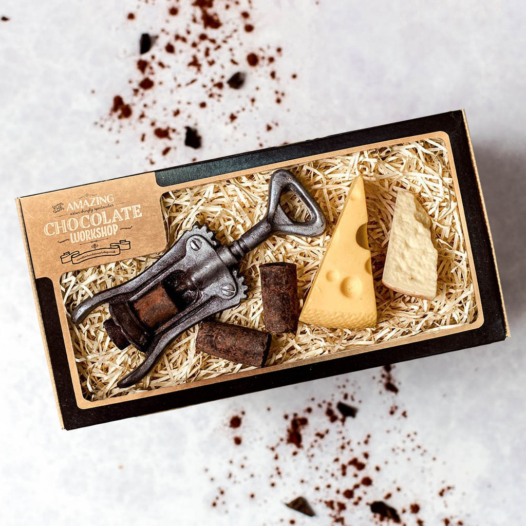 Lovers Chocolate Selection Box – Corkscrew, Wine Corks, Swiss Cheese Slice & Parmesan