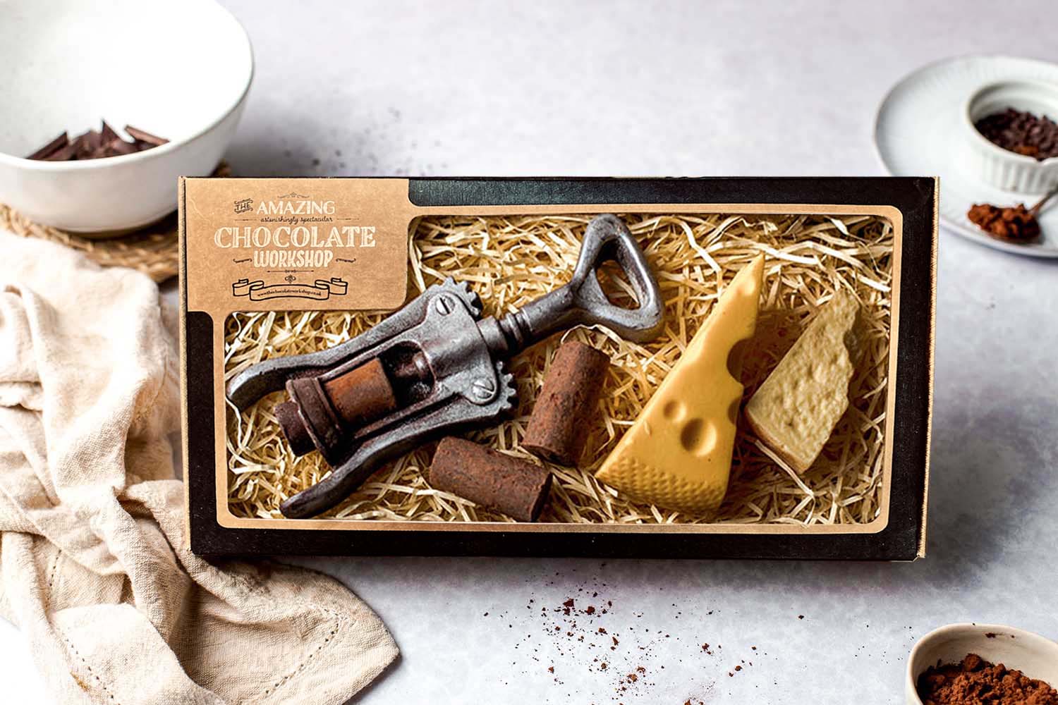 Lovers Chocolate Selection Box – Corkscrew, Wine Corks, Swiss Cheese Slice & Parmesan