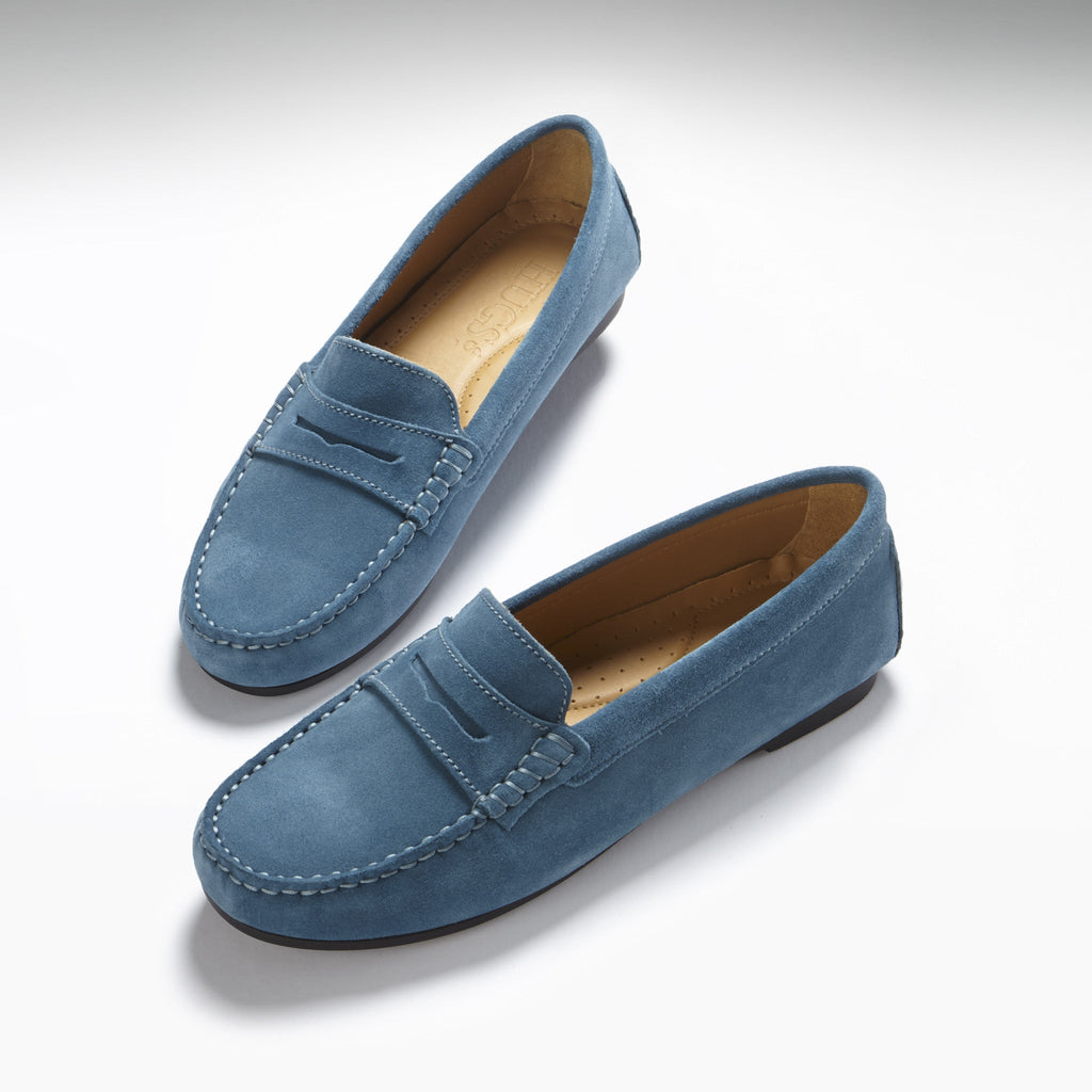 Women's Teal Suede Penny Driving Loafers with Rubber Sole