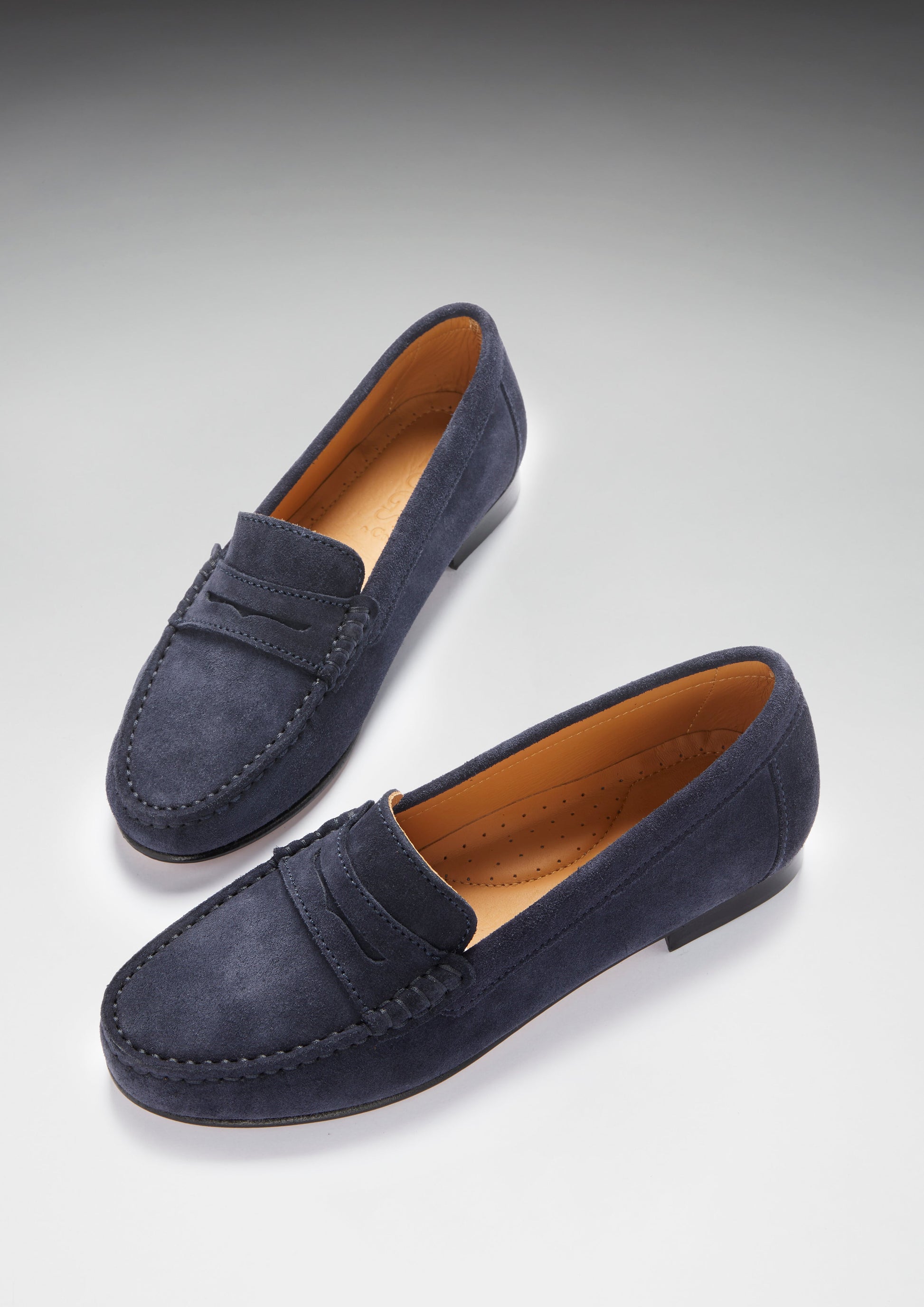 Women's Navy Blue Suede Penny Loafers with Leather Sole
