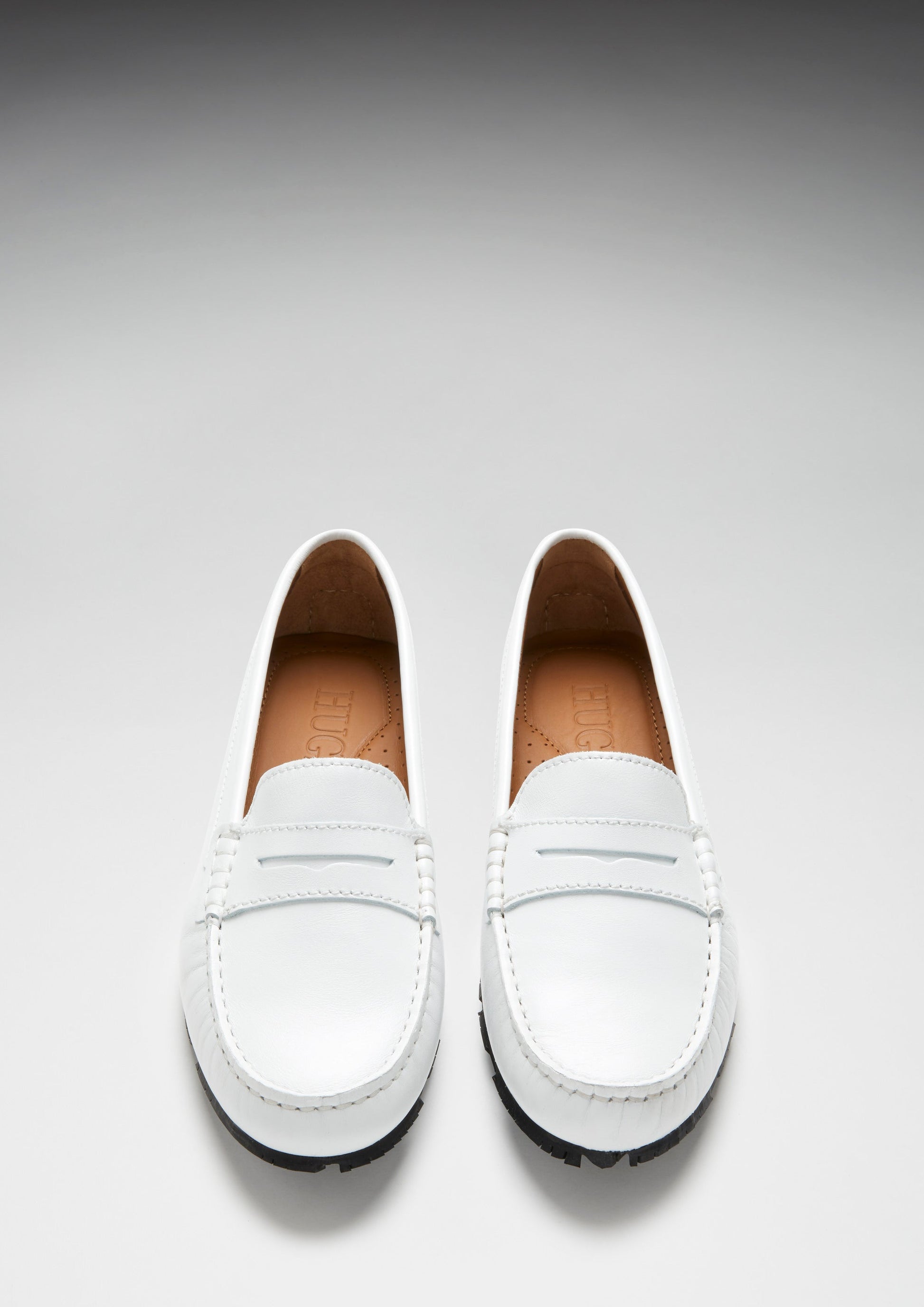 White Leather Penny Loafers with Recycled Tyre Sole