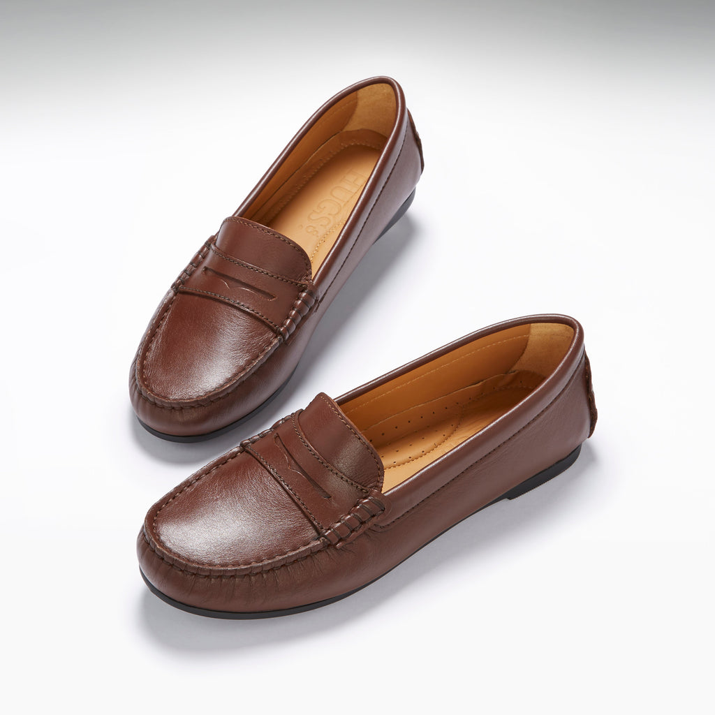 Women's Penny Driving Loafers in Brown Leather with Rubber Sole