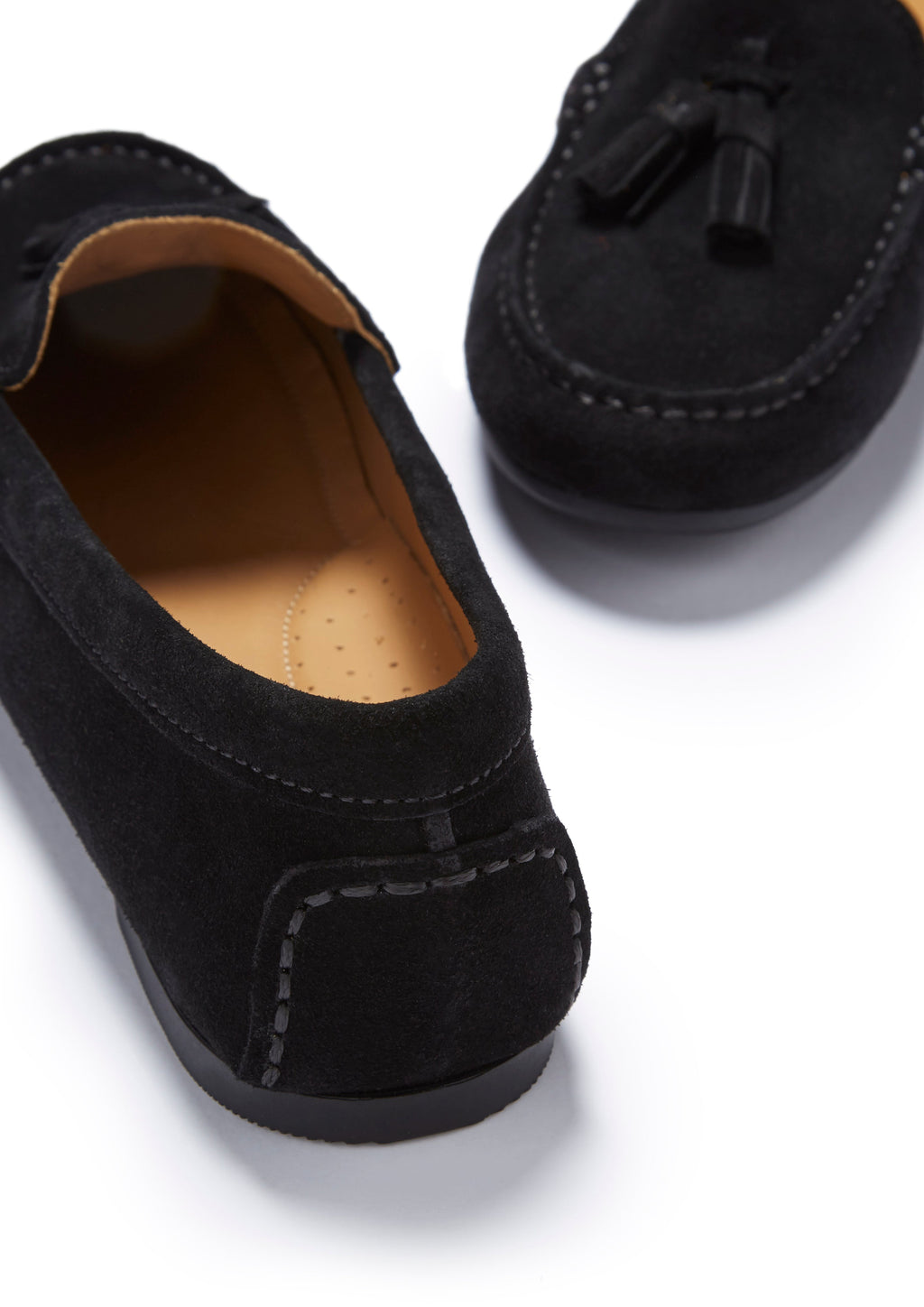 Women's Black Suede Tasselled Driving Loafers with Rubber Sole