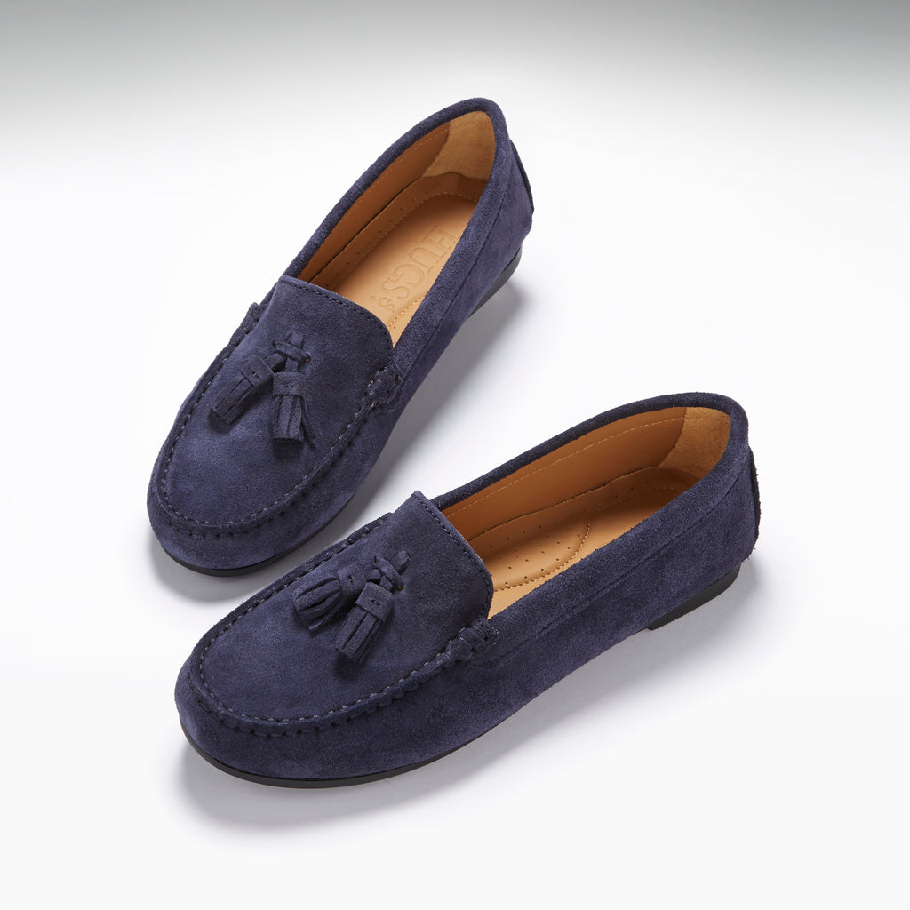 Women's Navy Suede Tasselled Driving Loafers with Rubber Sole