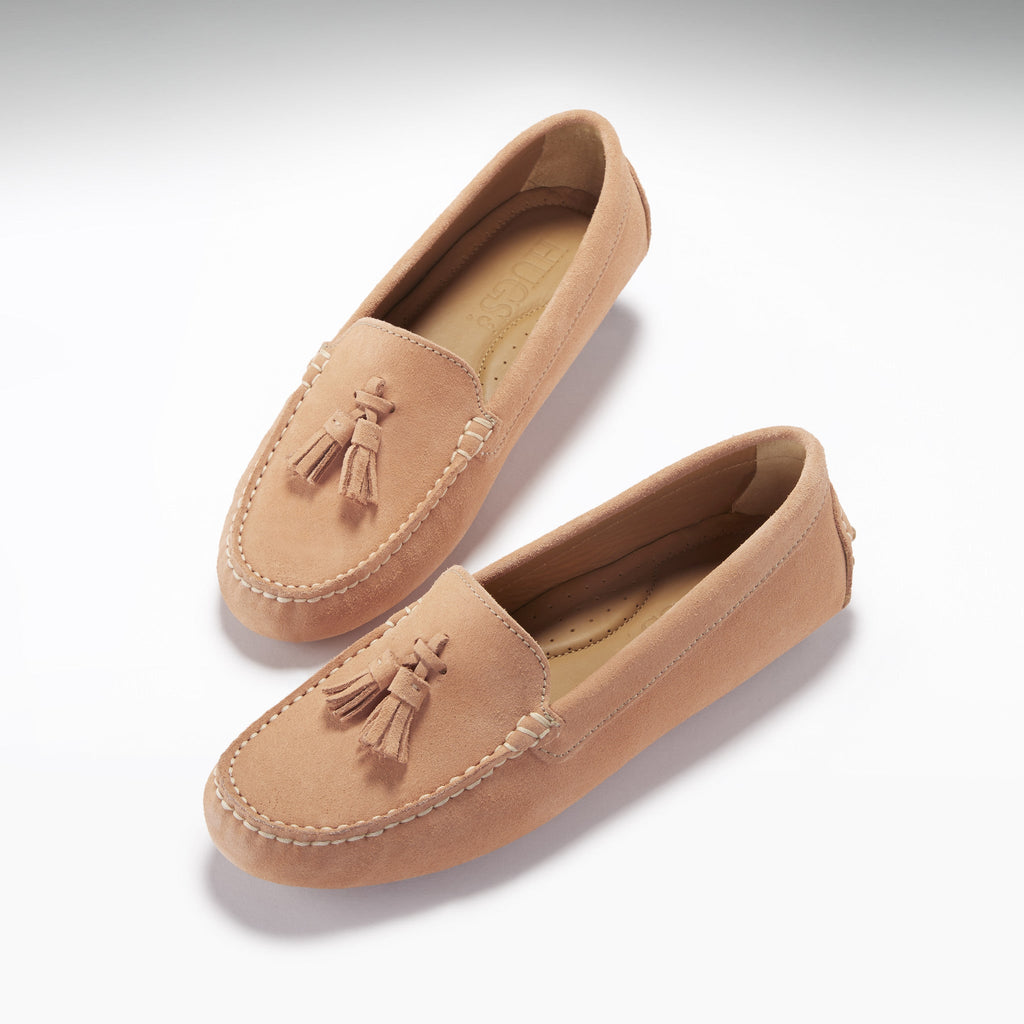 Women's Peach Suede Tasselled Driving Loafers