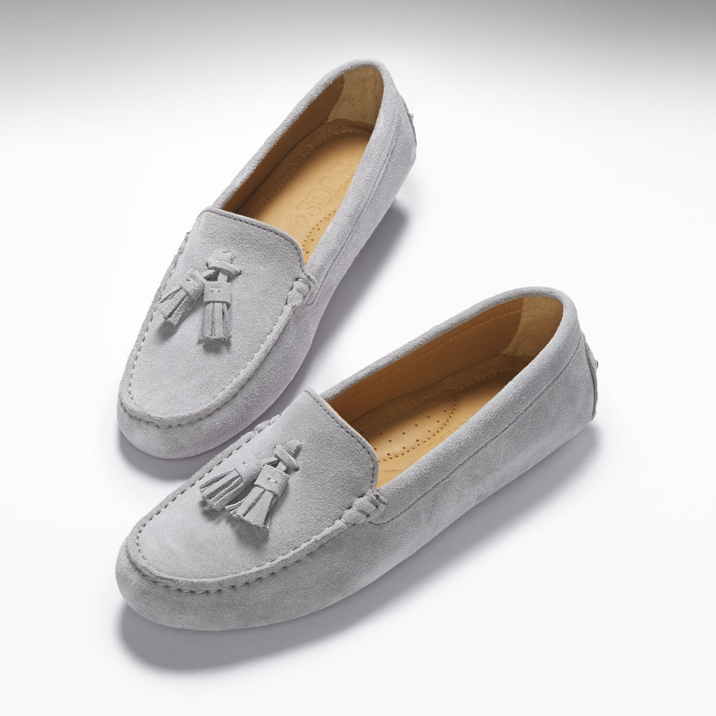 Women's Dove Grey Tasselled Driving Loafers in Suede