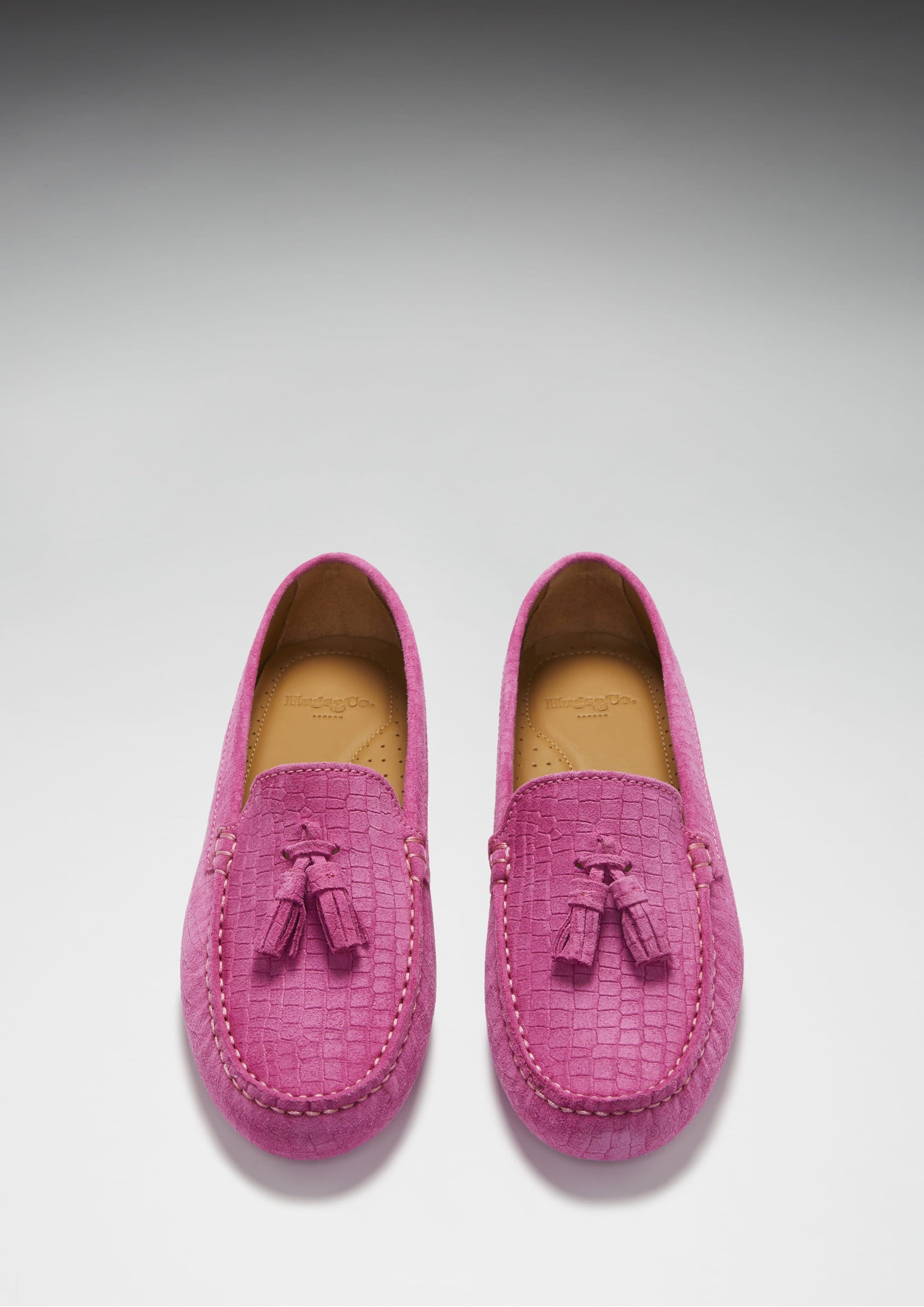 Women's Pink Suede Tasselled Driving Loafers with Gecko Print