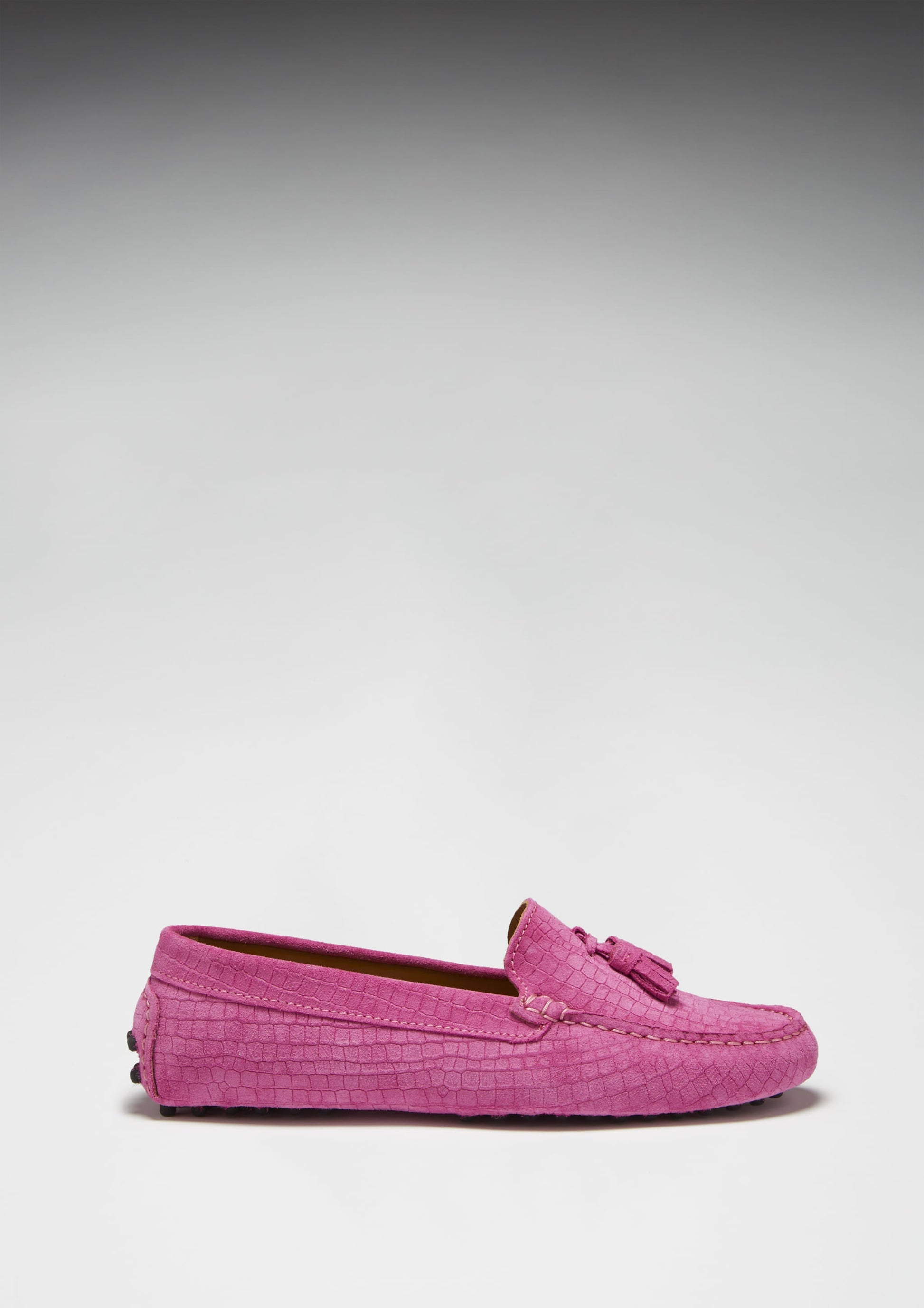 Women's Pink Suede Tasselled Driving Loafers with Gecko Print