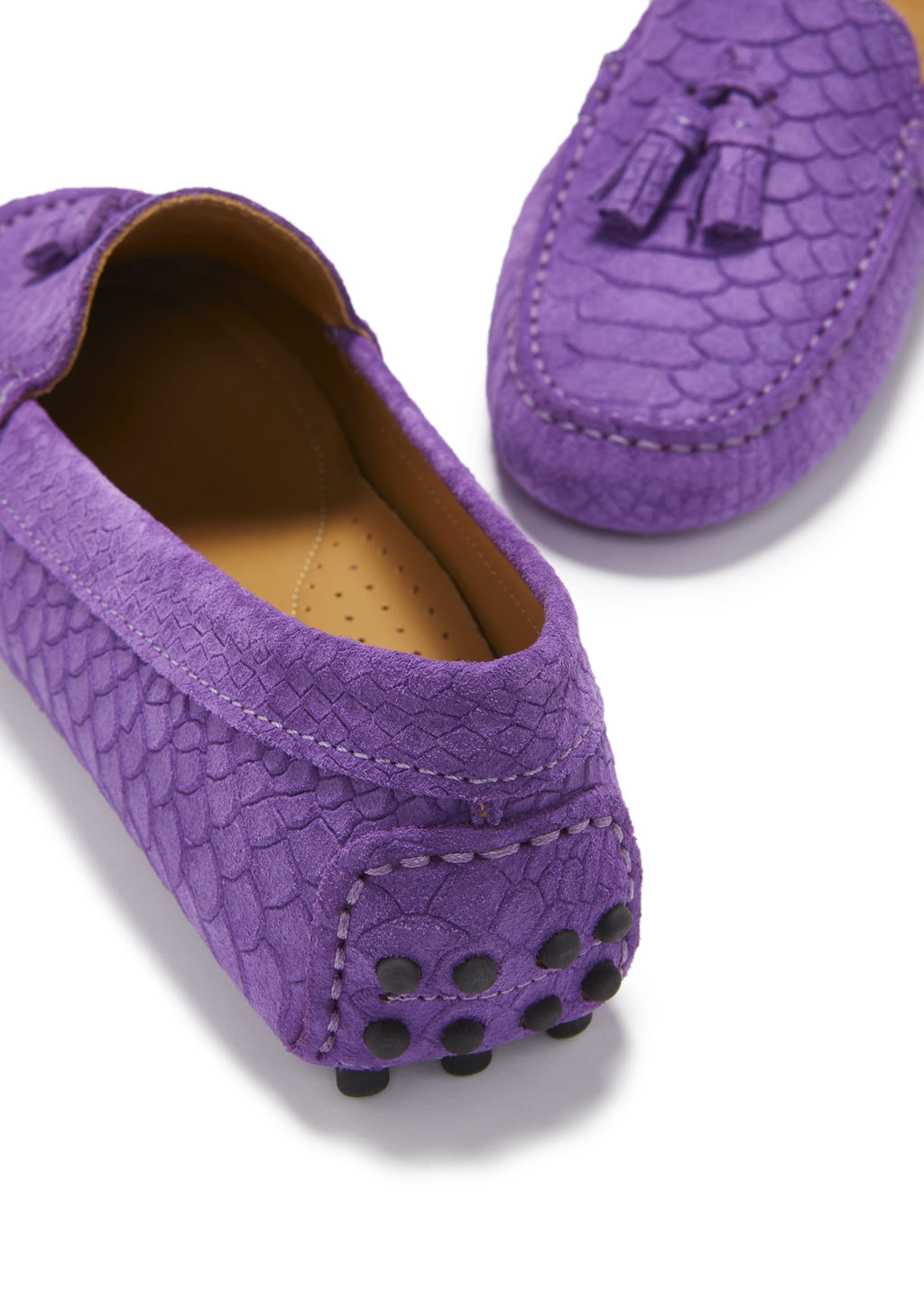 Women's Purple Tasselled Driving Loafers in Embossed Suede