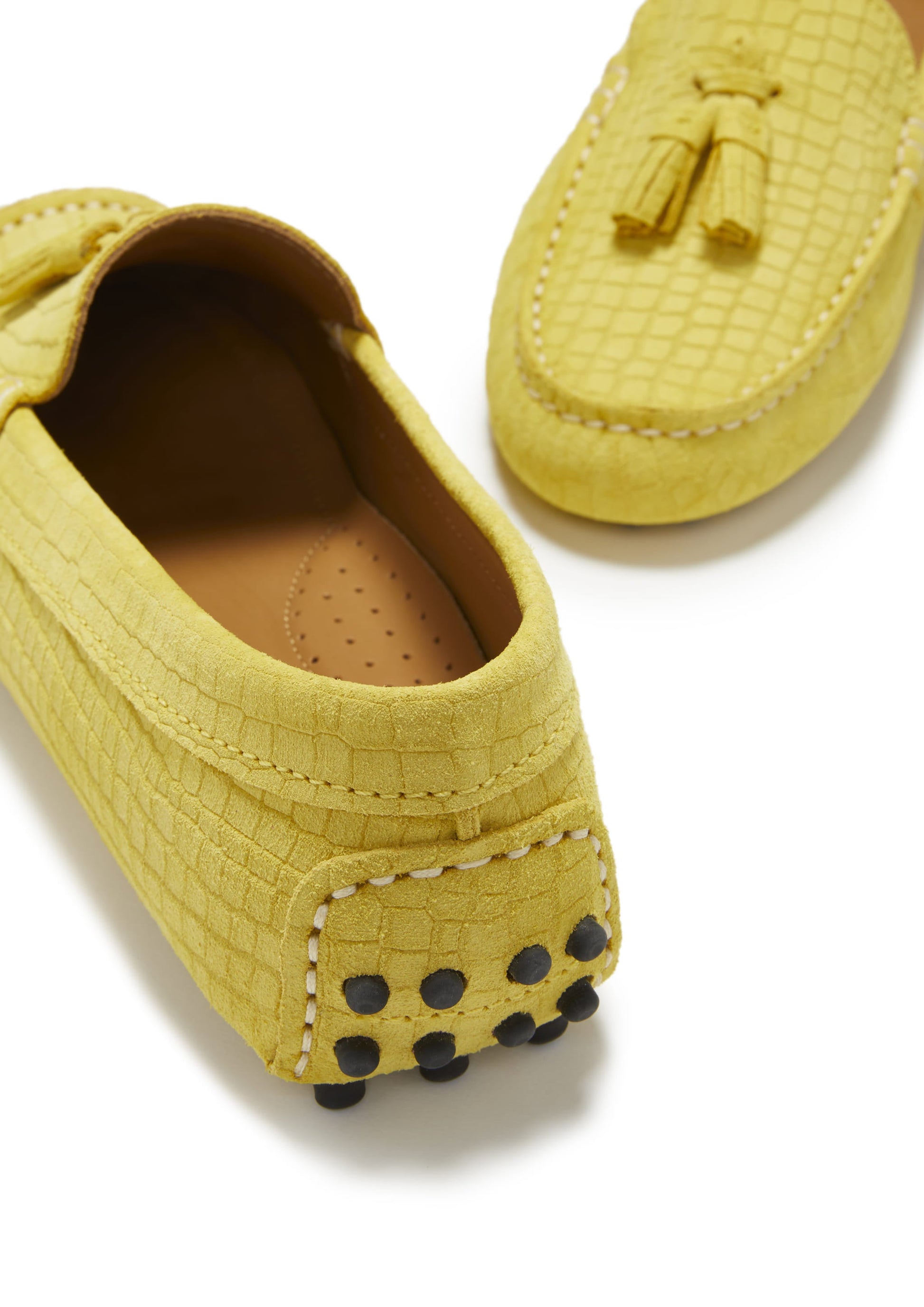 Women's Yellow Suede Driving Loafers with Gecko Print