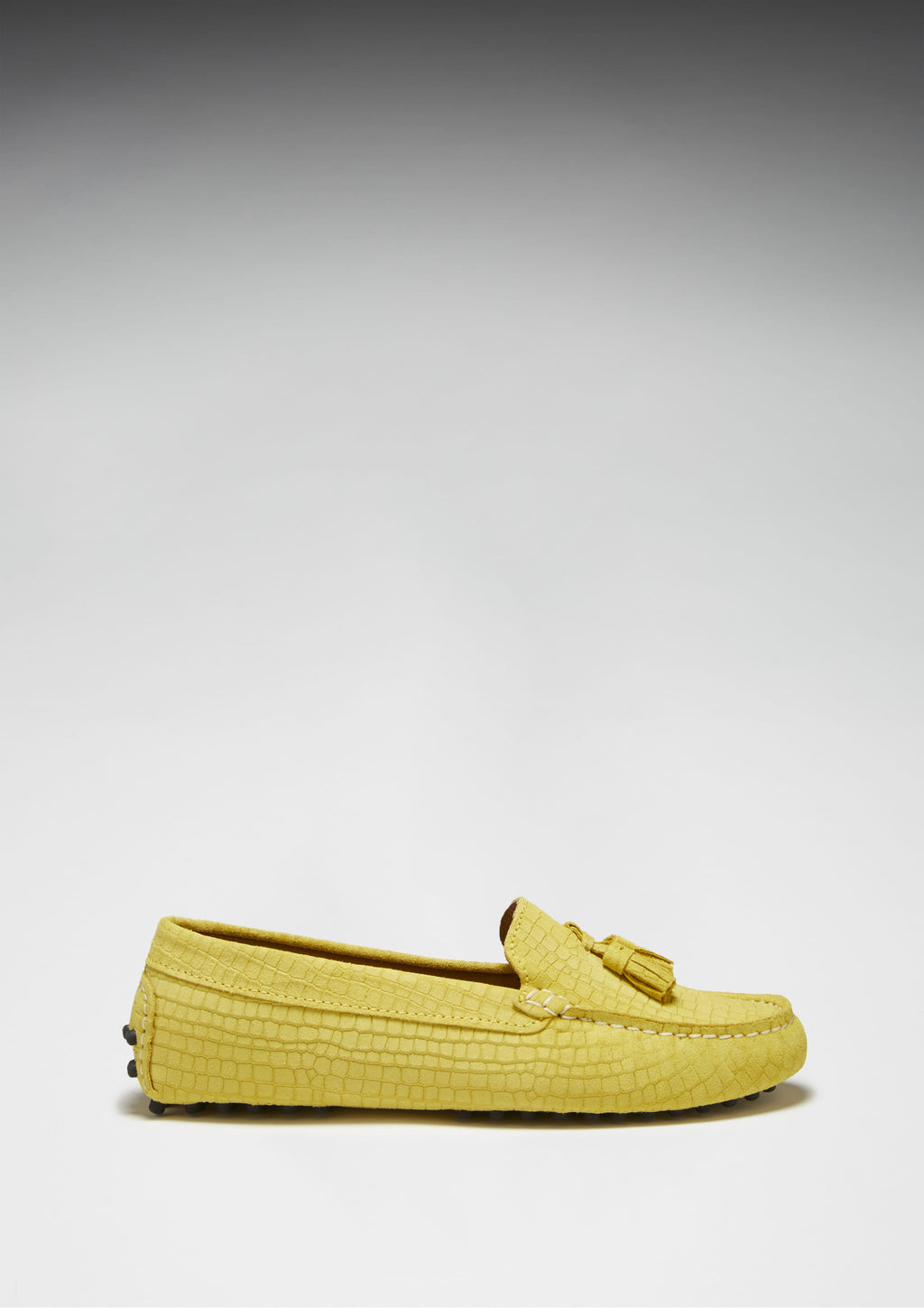 Women's Yellow Suede Driving Loafers with Gecko Print
